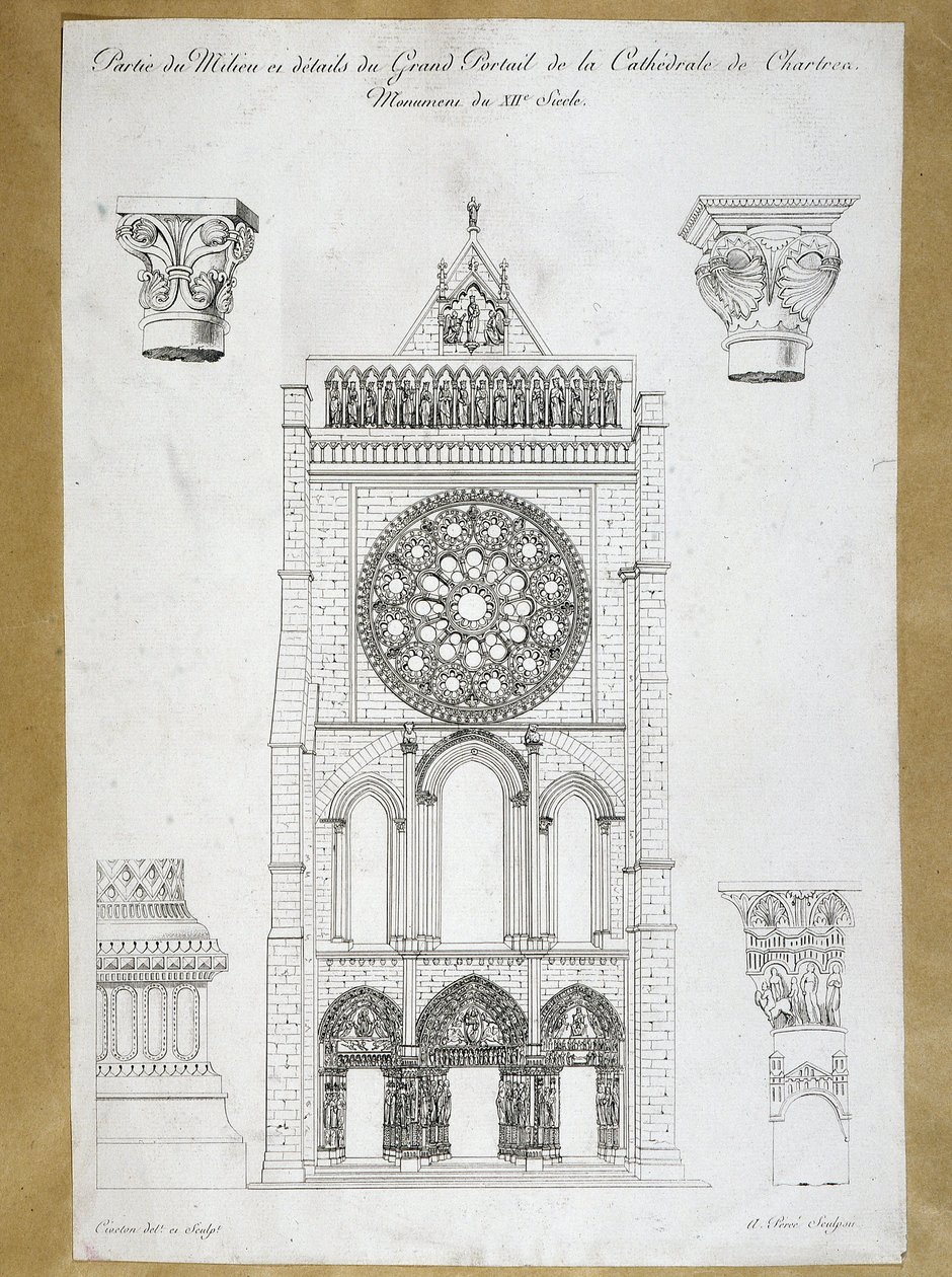 Architettura: veduta del grande portale della Cattedrale di Chartres - Monumento del XII secolo, tavola del XIX secolo da French School
