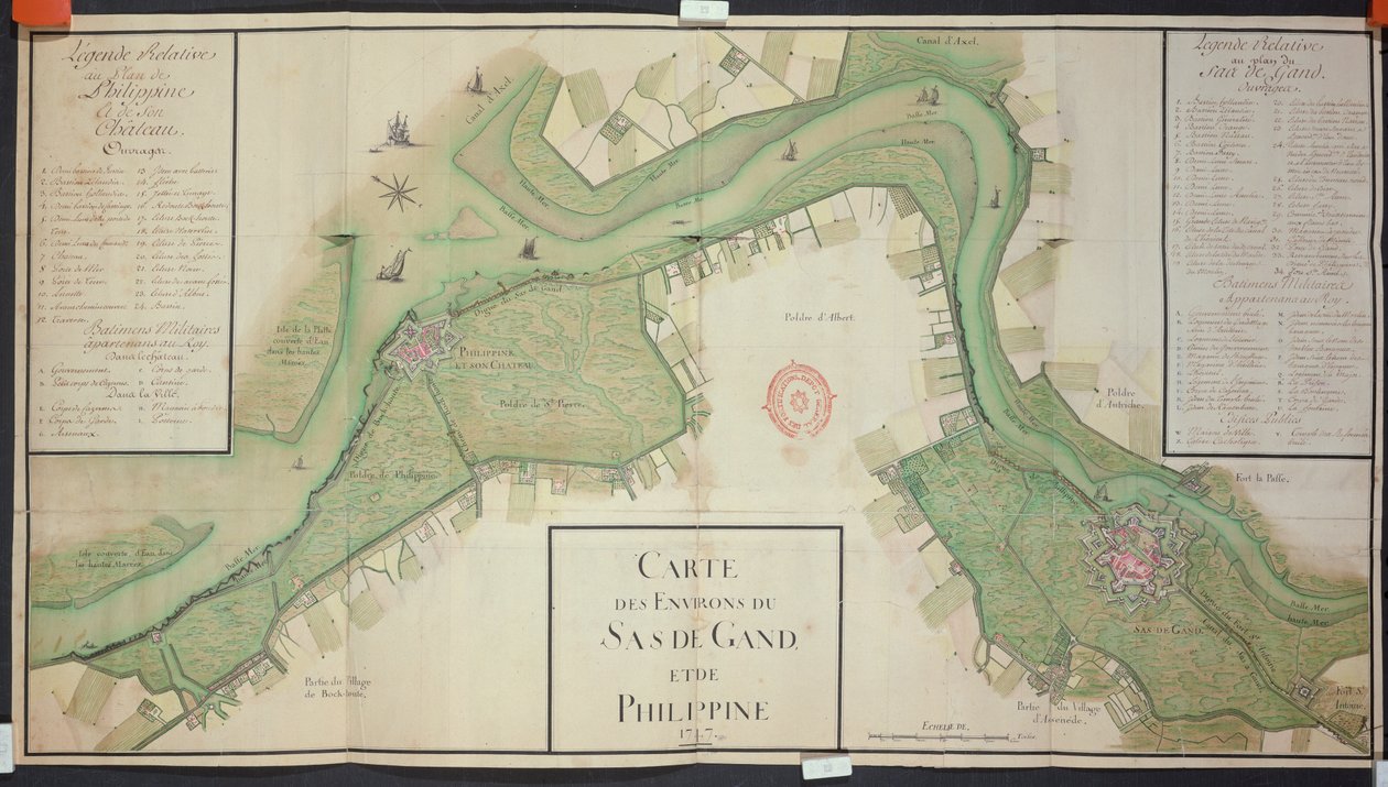 Area intorno a Sas van Gent e Philippine, Paesi Bassi, 1747 (penna, inchiostro e acquerello su carta) da French School