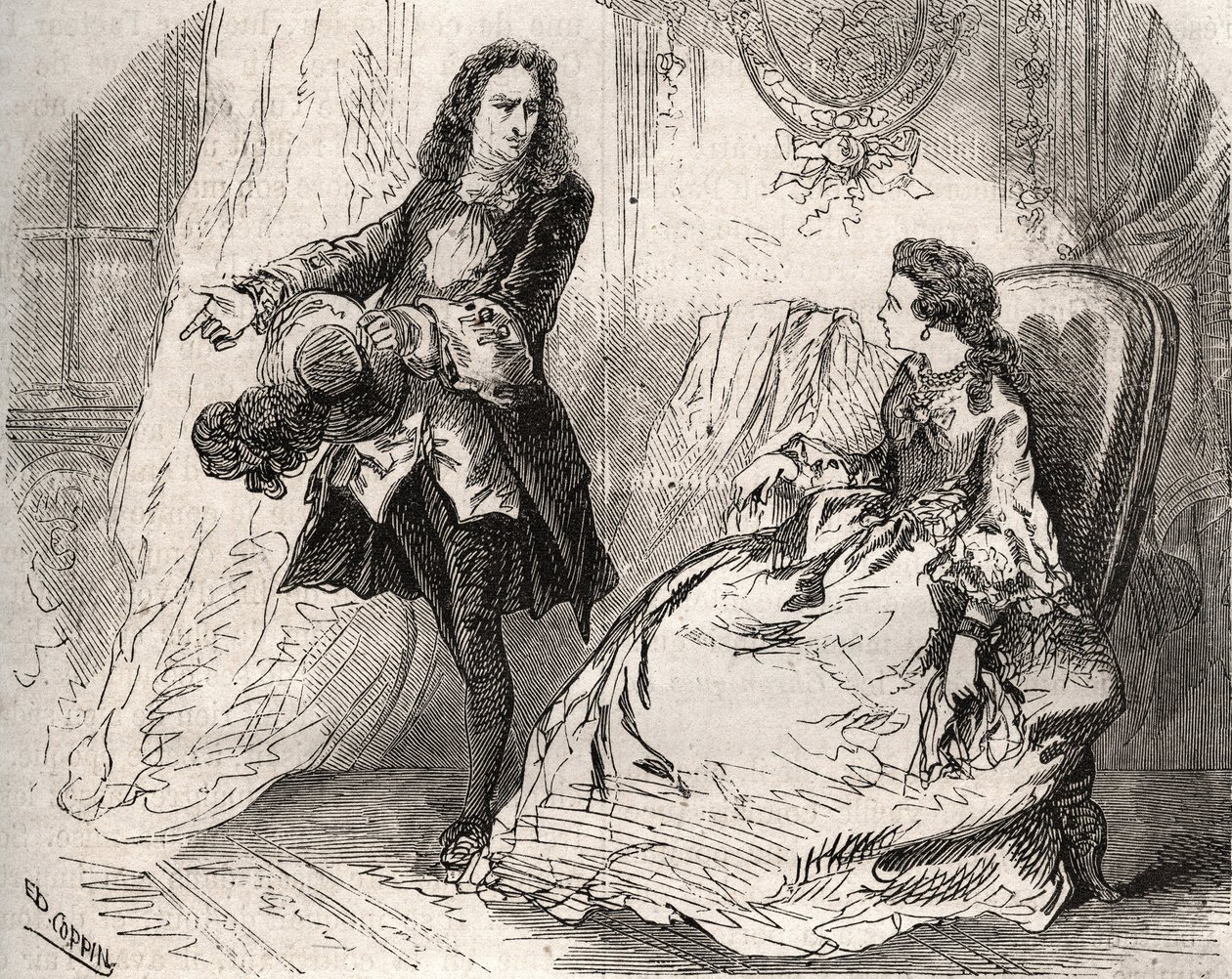Armande Béjart (1641-1700), moglie di Jean Baptiste Poquelin detto Molière (1622-1673) con il suo amante, il conte di Guiche, Incisione del 1871 in "Histoire Des Cocus Célèbres" di Henry de Kock (1819-1892). da French School
