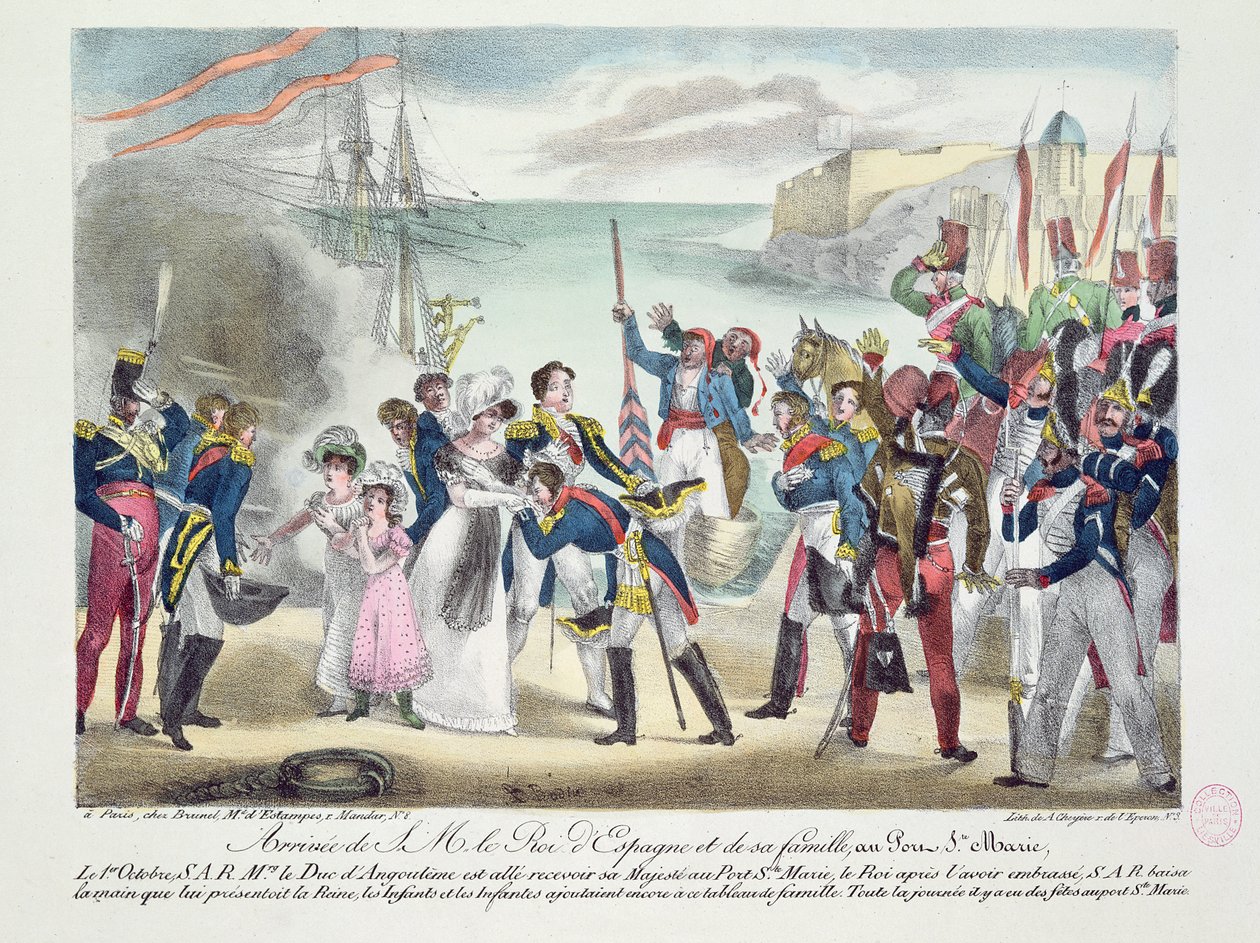 Arrivo di Sua Maestà Ferdinando VII e della sua famiglia a Porte Sainte Marie, 1 ottobre 1823, 1823 da French School