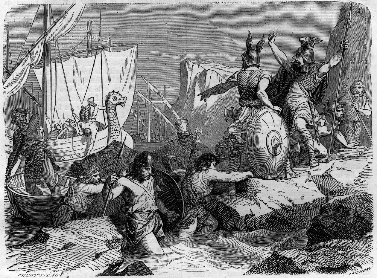Arrivo dei Normanni sulla costa francese nel Medioevo. Incisione in 