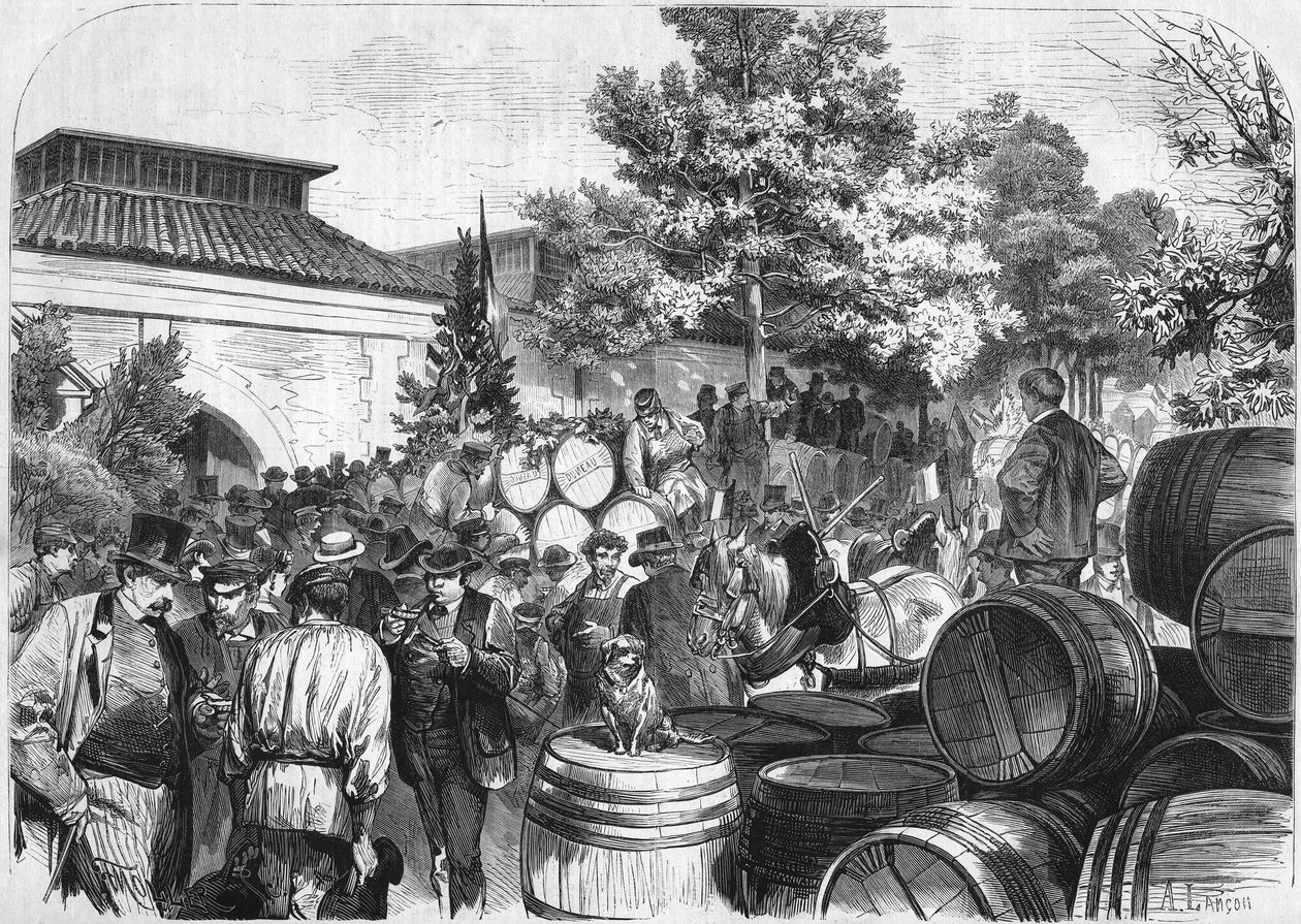 Arrivo al magazzino di Bercy delle prime botti di vino dolce. Parigi da French School