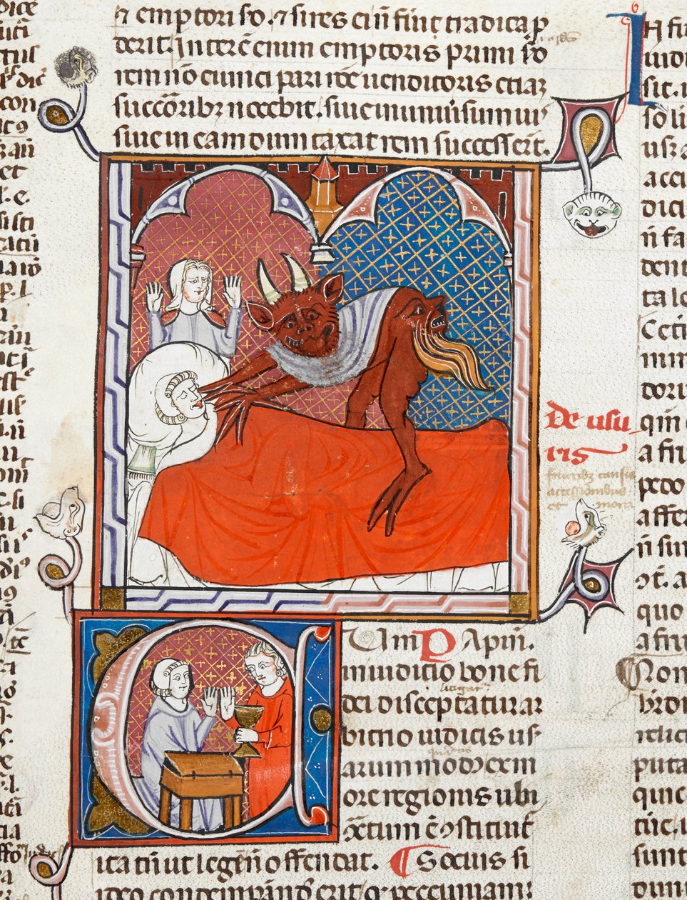 Un diavolo o demone sul letto di una persona morta, illustrazione da Digestum Vetus con gloss ordinaria, di Giustiniano, c.1300-10 da French School