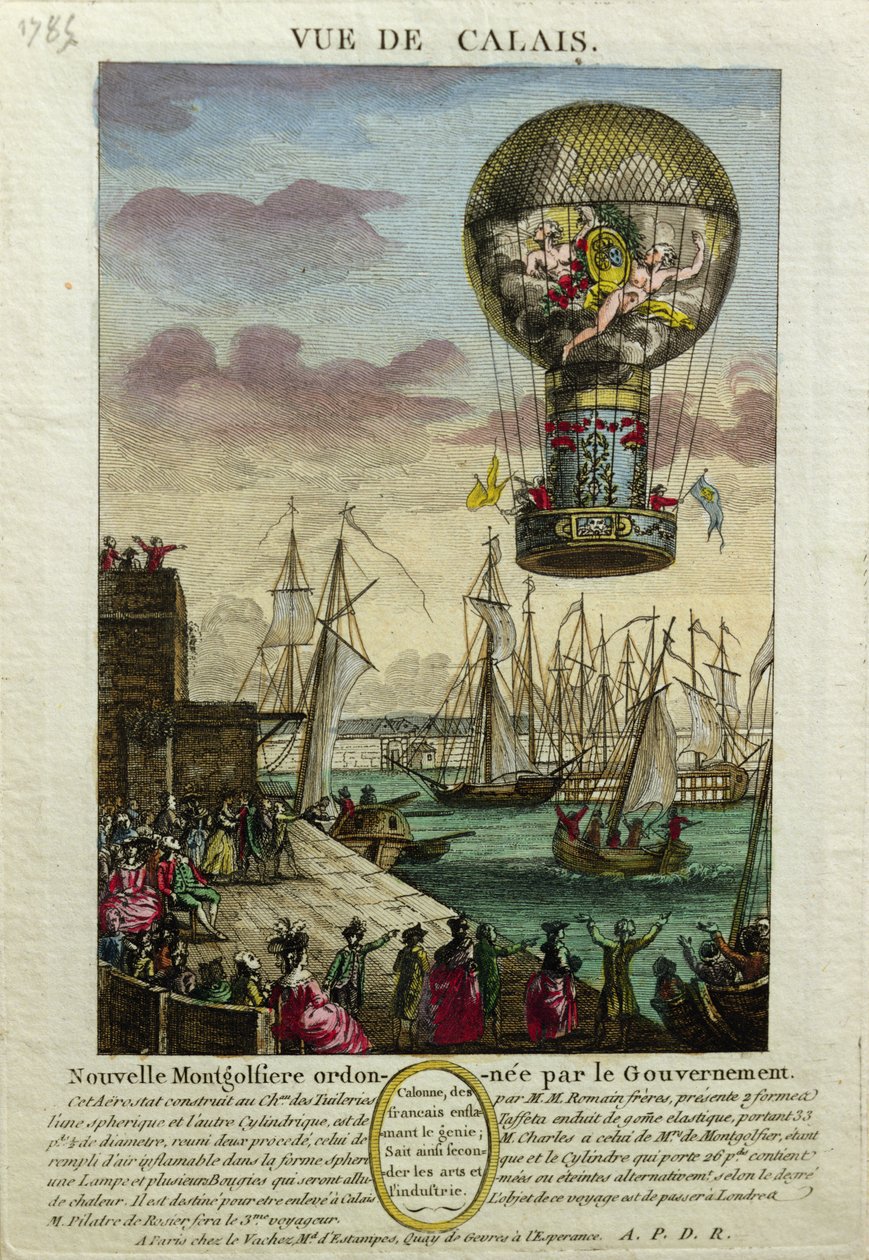Ascesa di una mongolfiera a Calais nel 1785 da French School
