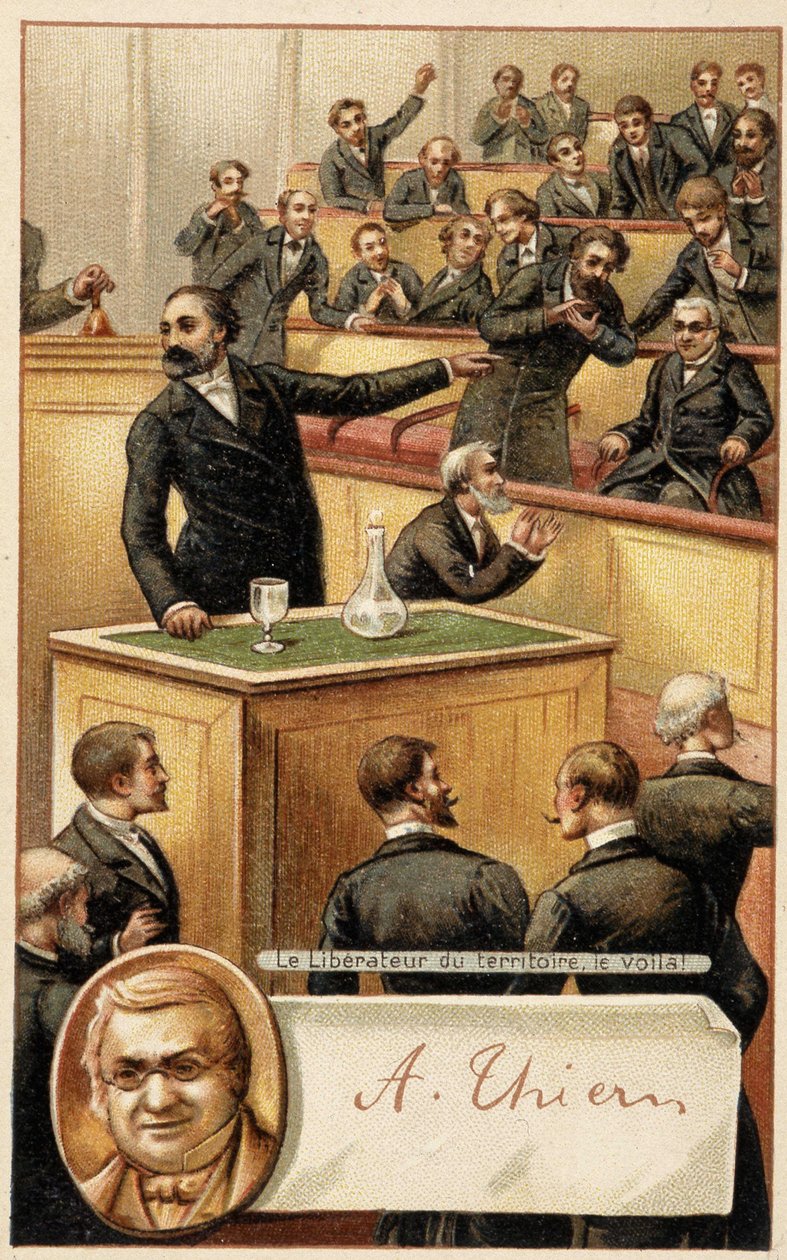 Assemblea che acclama Thiers, "liberatore del territorio" e ritratto in medaglione - cromolitografia, fine XIX secolo. da French School