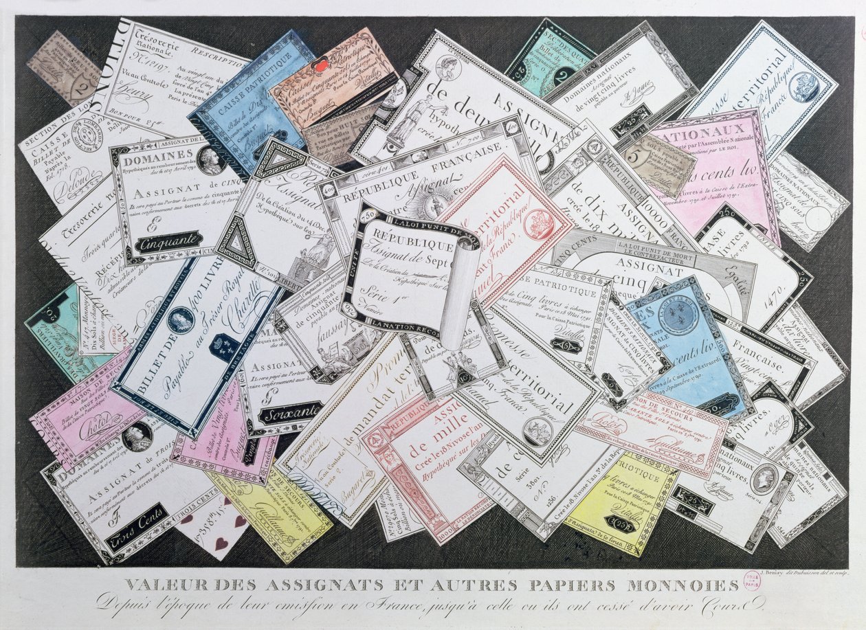 Assignats e altri esempi di cartamoneta dal momento della loro emissione nel 1789 fino alla cessazione della loro circolazione nel 1797 da French School