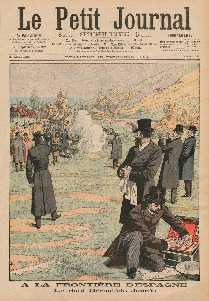 Alla frontiera spagnola, duello tra Paul Deroulede e Jean Jaures, illustrazione da Le Petit Journal, Supplemento illustrato, 18 dicembre 1904 da French School