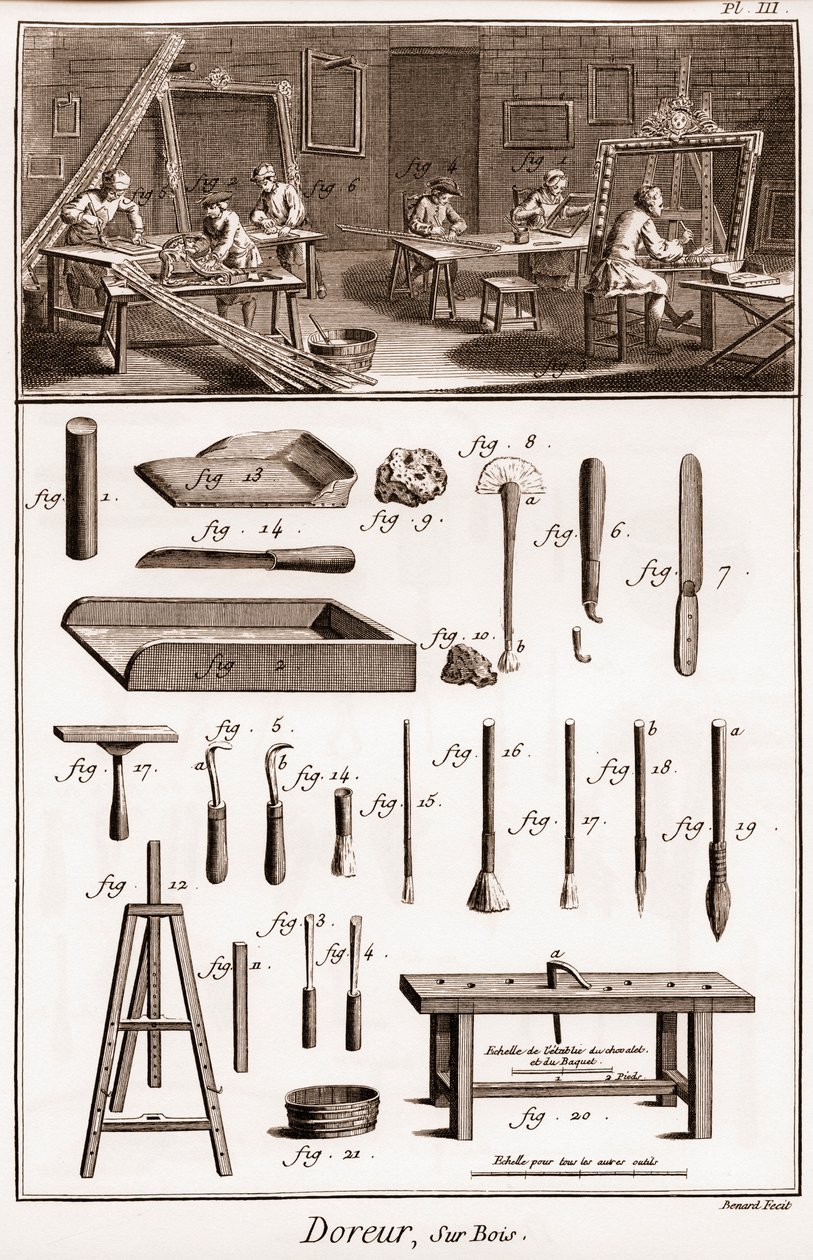 Laboratorio di un doratore su legno - "La Grande Encyclopedie, ou Dictionnaire Raisonne des Sciences, des Arts et des Metiers" (Enciclopedia o Dizionario delle Scienze, Arti e Professioni) di Denis Diderot (1713-1784) e Jean d