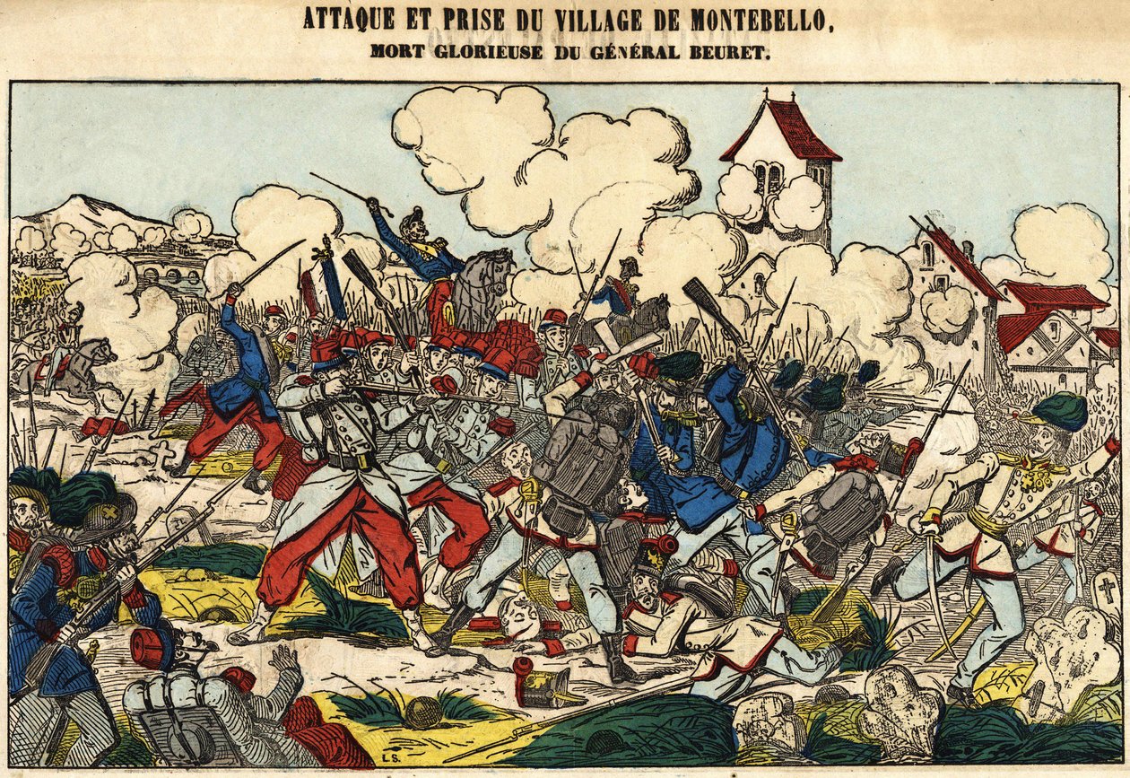Attacco e cattura del villaggio di Montebello, la gloriosa morte del Generale Beuret nel 1859. Immagine di Epinal da French School