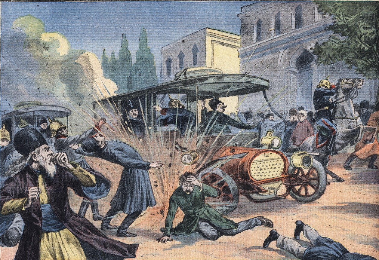 Attentato allo Scià di Persia Mohammad Ali Shah Qajar (1872-1925). Incisione dal giornale 
