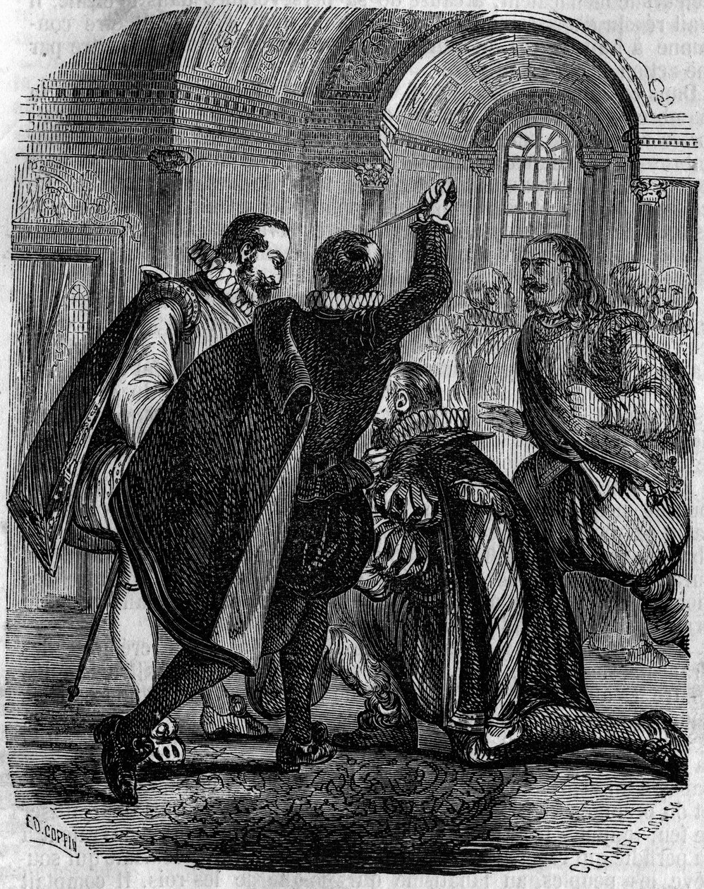 Tentato assassinio di Jean Chastel (1575-1594) sul re di Francia Enrico IV il 27 dicembre 1594. Incisione del XIX secolo da French School
