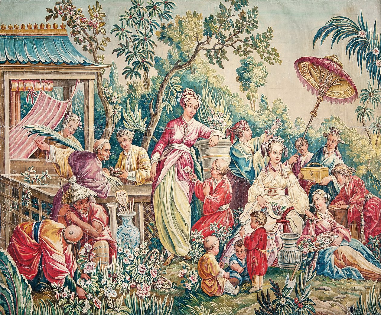 Cartone di Aubusson per un arazzo di figure in un giardino orientale da French School