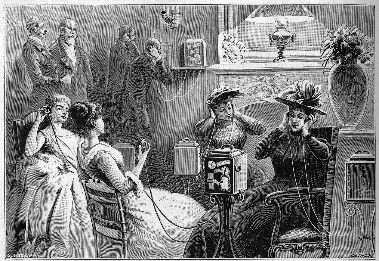 Audizione del Teatrografo (audizioni teatrali a casa) nel salone di un grande hotel a Parigi nel 1892 da French School
