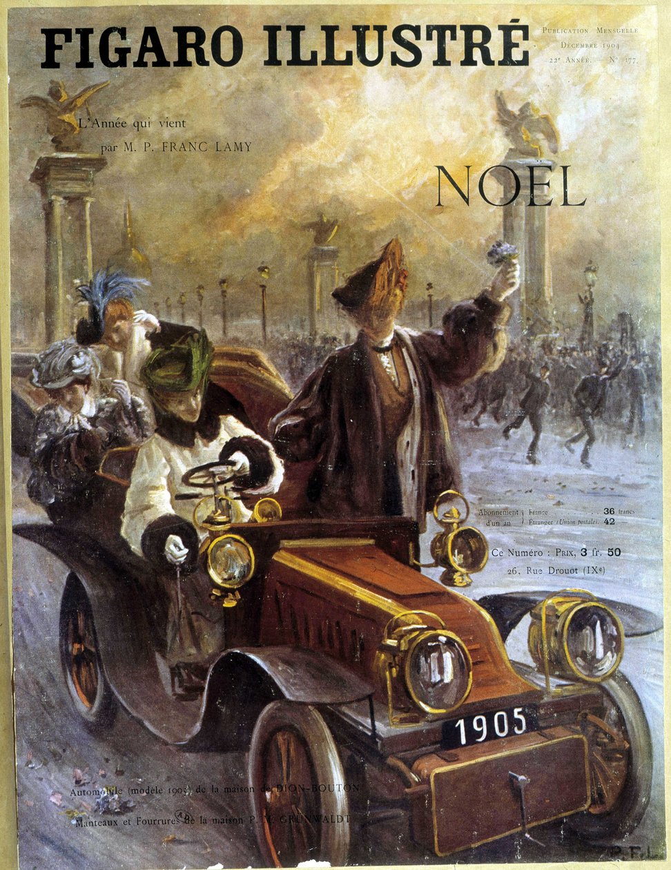 Automobile Dion-Bouton 1905 e cappotti e pellicce Grunwaldt - in "Le Figaro Illustré", Dic 1904 da French School