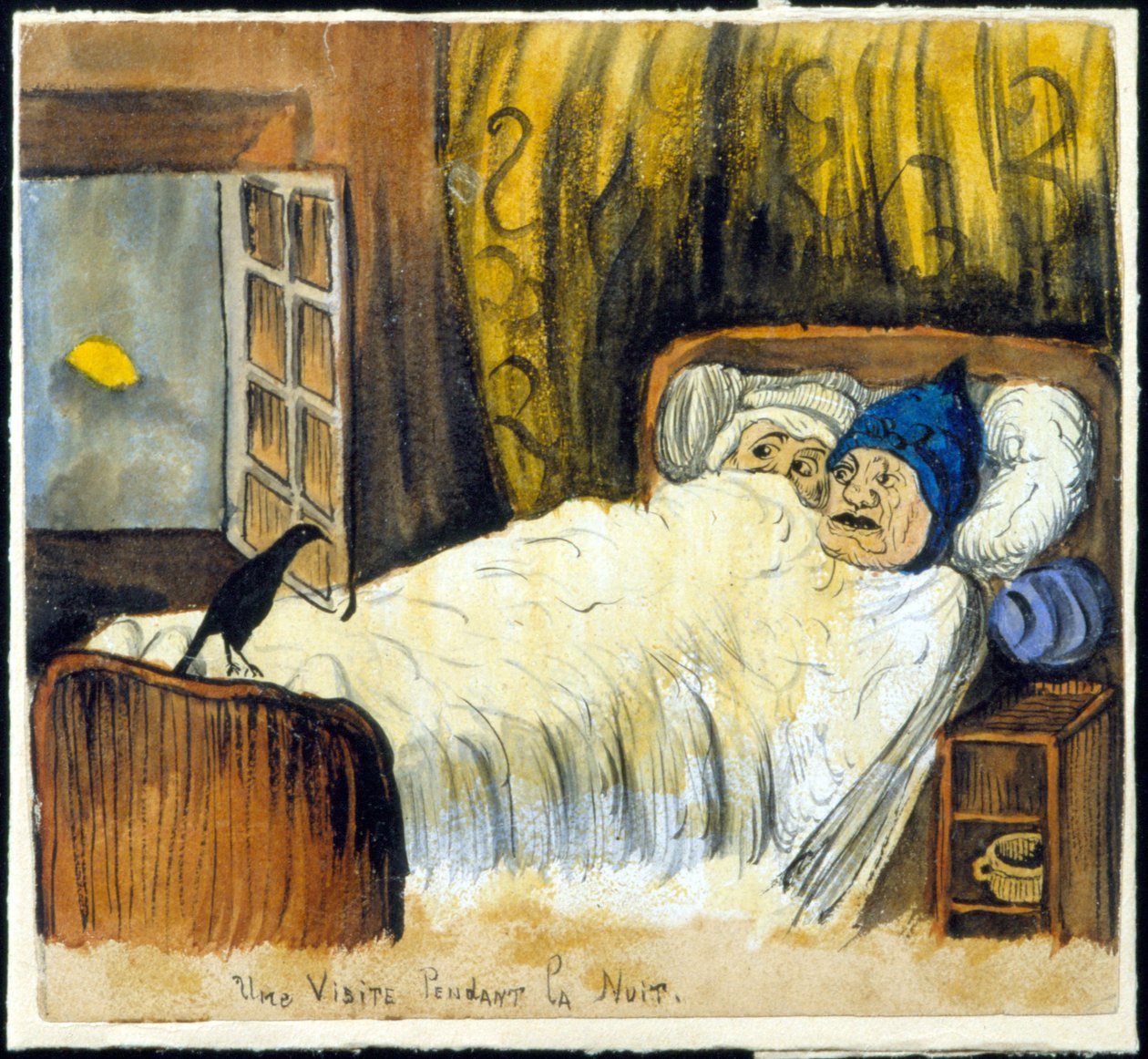 Cattivo auspicio: una visita notturna (una coppia che guarda un corvo) da French School