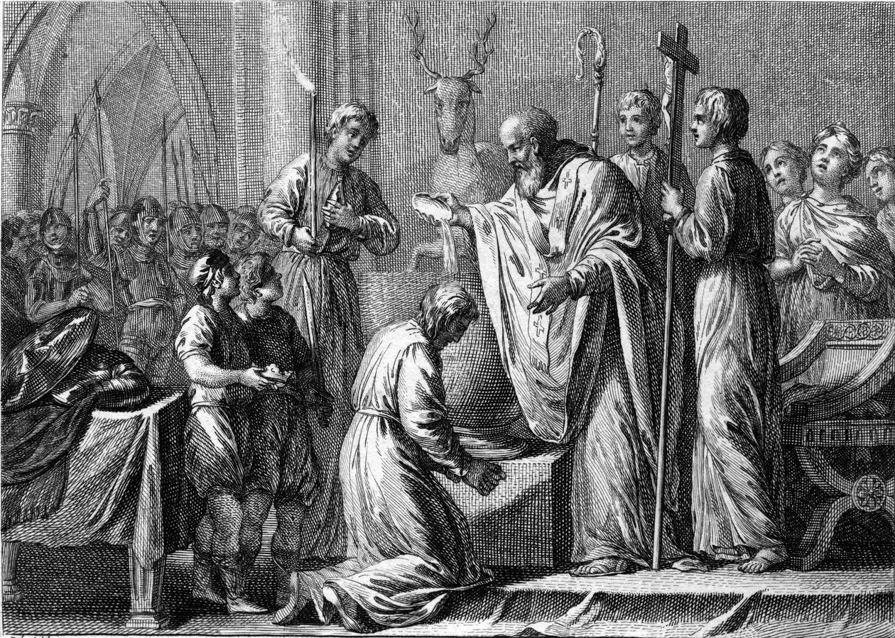 Battesimo di Clodoveo I, 25 dicembre 496: il re dei Franchi (466-511) è battezzato da San Remigio (437-533), vescovo di Reims, nella chiesa di San Martino. Incisione del XVIII secolo da French School