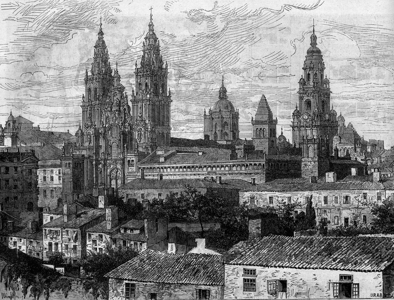 Arte barocca: vista della Cattedrale di Santiago de Compostela. Spagna. Incisione in 