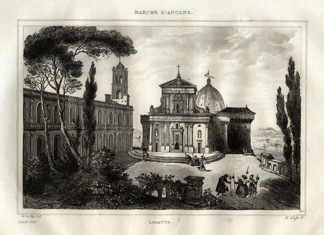 Basilica della Santa Casa - Loreto - Santuario di Loreto - Basilica di Nostra Signora di Loreto - Santa Casa di Loreto o Casa di Nazareth - Incisione da Italia pittoresca - Pittura storica e descrittiva dell