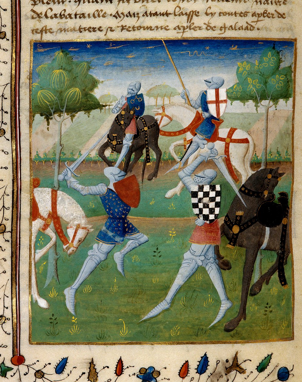 Battaglia tra il cavaliere Palamede e Artù (o Arturo) il piccolo. Miniatura tratta dal manoscritto "Il romanzo di Tristano" diretto al Maestro Charlkes di Maine da French School