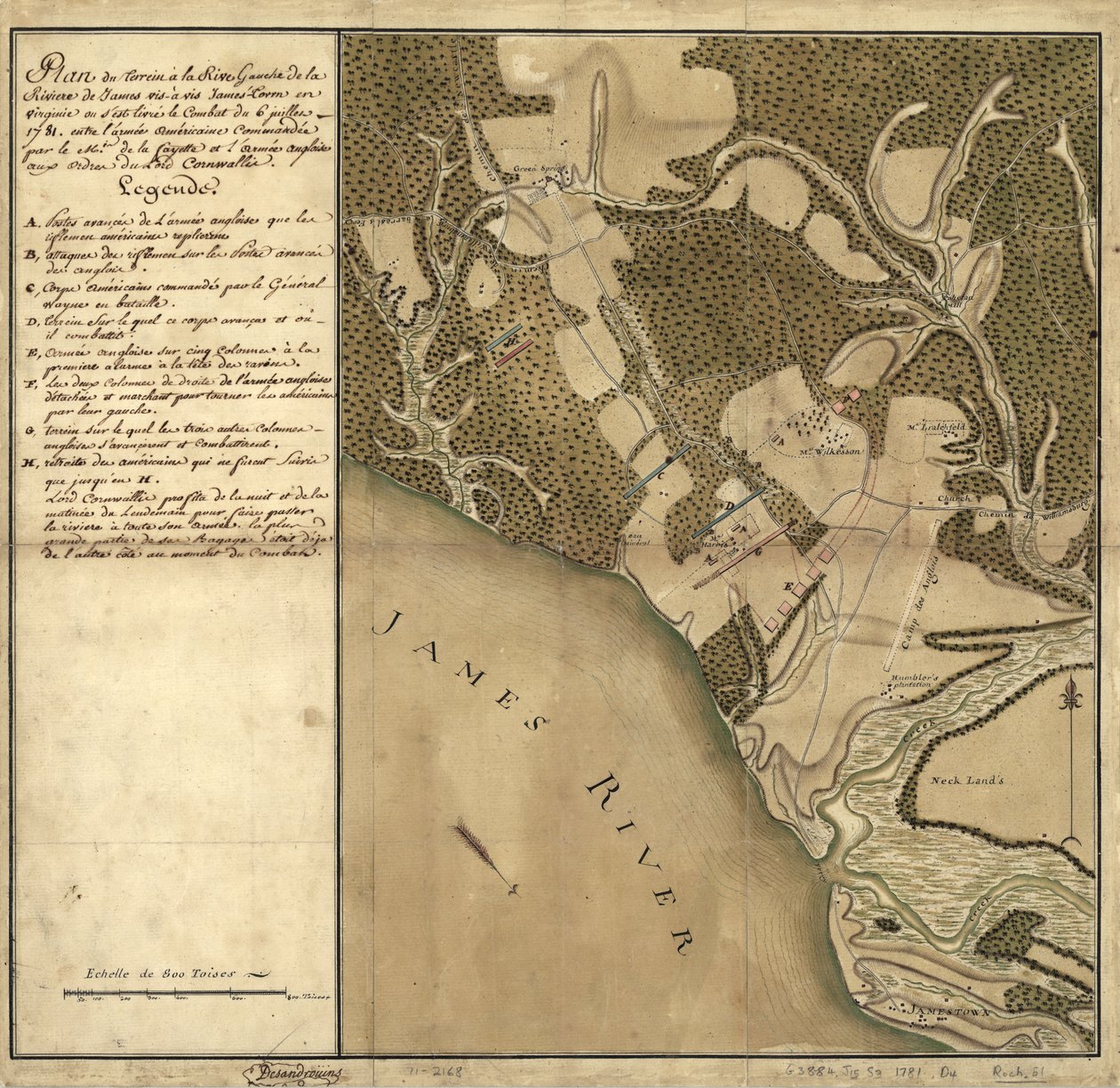 Battaglia di Green Spring, mappa della terra sulla riva sinistra del fiume James di fronte a Jamestown in Virginia dove si svolse la battaglia del 6 luglio da French School