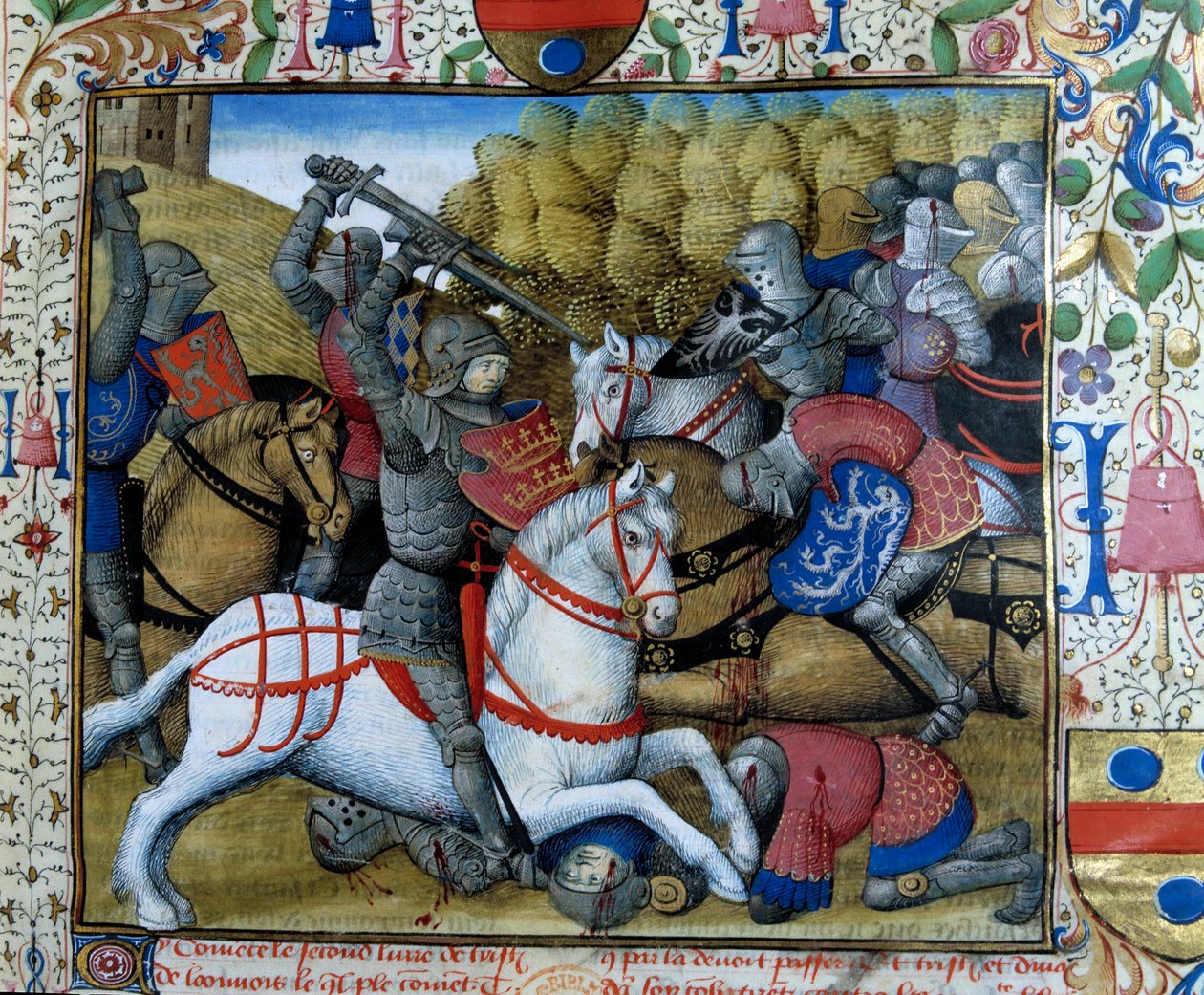 Battaglia di cavalieri Miniatura dal manoscritto "Il romanzo di Tristano" di Maestro Carlo del Maine da French School