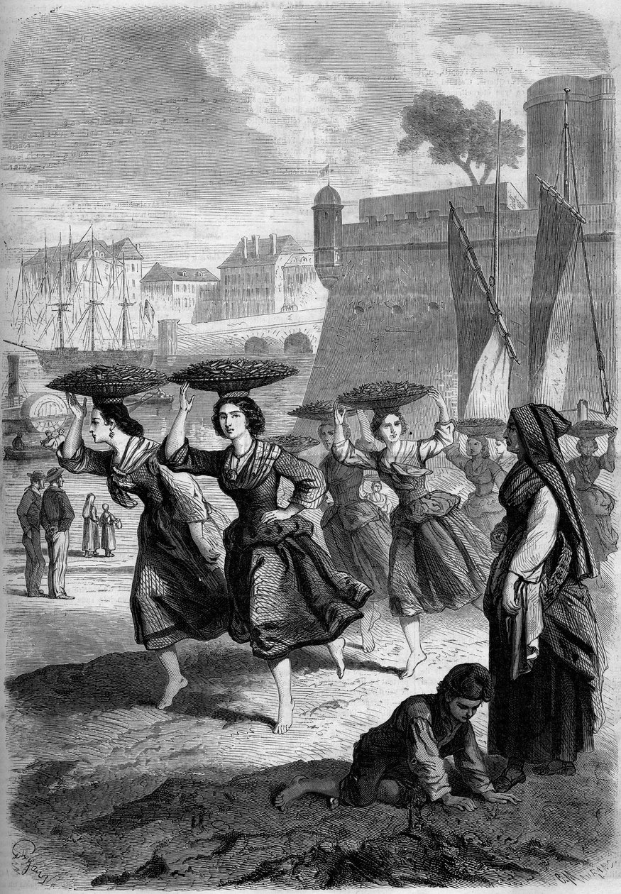 Mercanti di sardine di Bayonne in viaggio verso Biarritz, Pirenei Atlantici (64) da French School