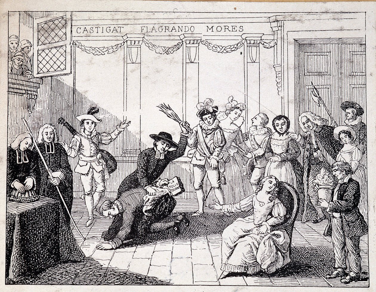 Beaumarchais frustato a Saint Lazare - scena di fustigazione di Beaumarchais, con in mano l