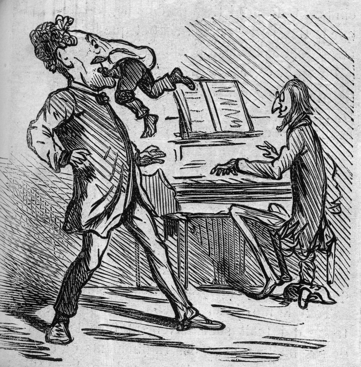 Prima di cantare la musica del signor Offenbach, il tenore Hyacinthe viene colpito per dare sollievo alle sue note alte. Il compositore francese naturalizzato tedesco Jacques Offenbach (1819-1880) suona il piano e Louis Hyacinthe Duflost, detto Hyacinthe da French School