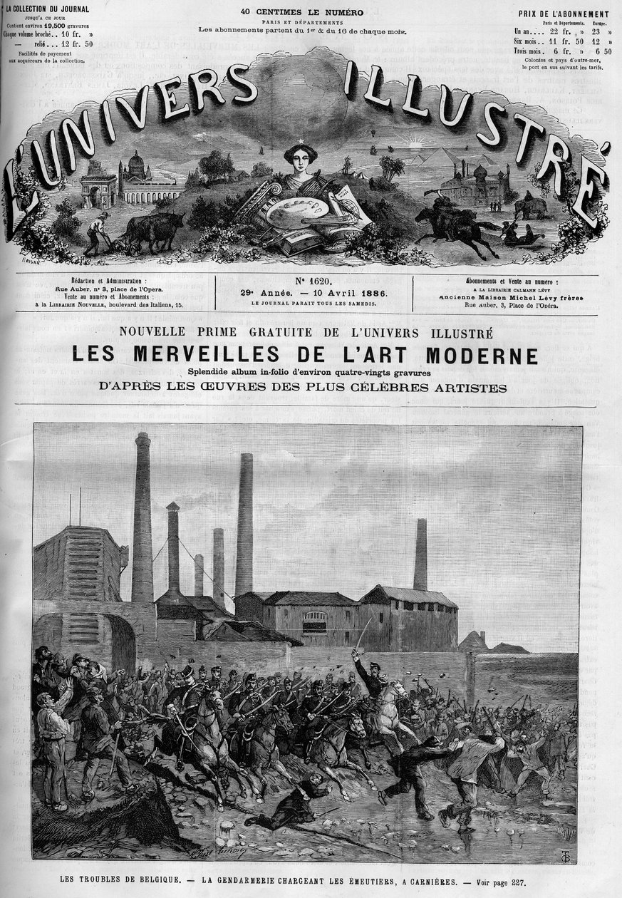 Sciopero dei lavoratori belgi: la polizia carica i cavalieri a Carnieres. Un giornale. Incisione in "Le Monde Illustré" da French School