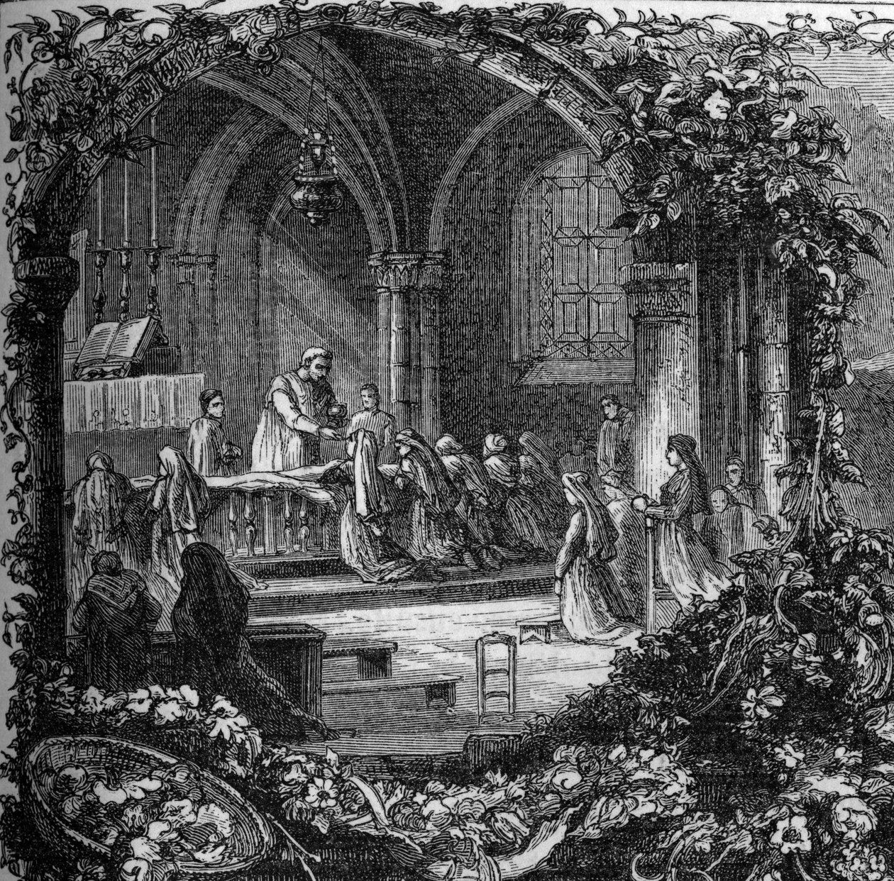 Bernadette Soubirous (1844-1879) durante la sua prima comunione. XIX secolo (dopo il 1858). Incisione in 