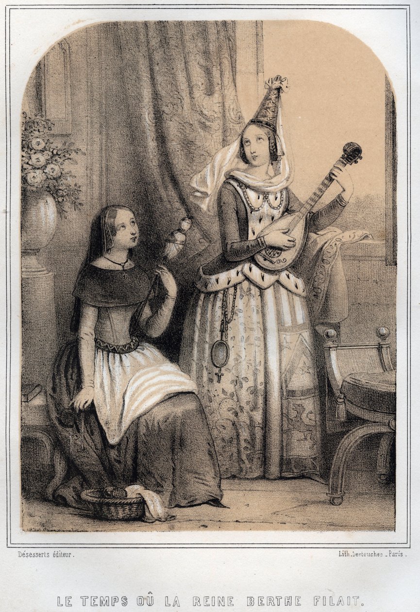 Berthe di Svevia (Borgogna) conosciuta come la Filandiera o la regina filatrice (907-966) - incisione in "THE SOURIES DE MON UNCLE MEMORIES ET RECITTS DE Voyages" di MORING MICHEL - Fine XIX secolo da French School