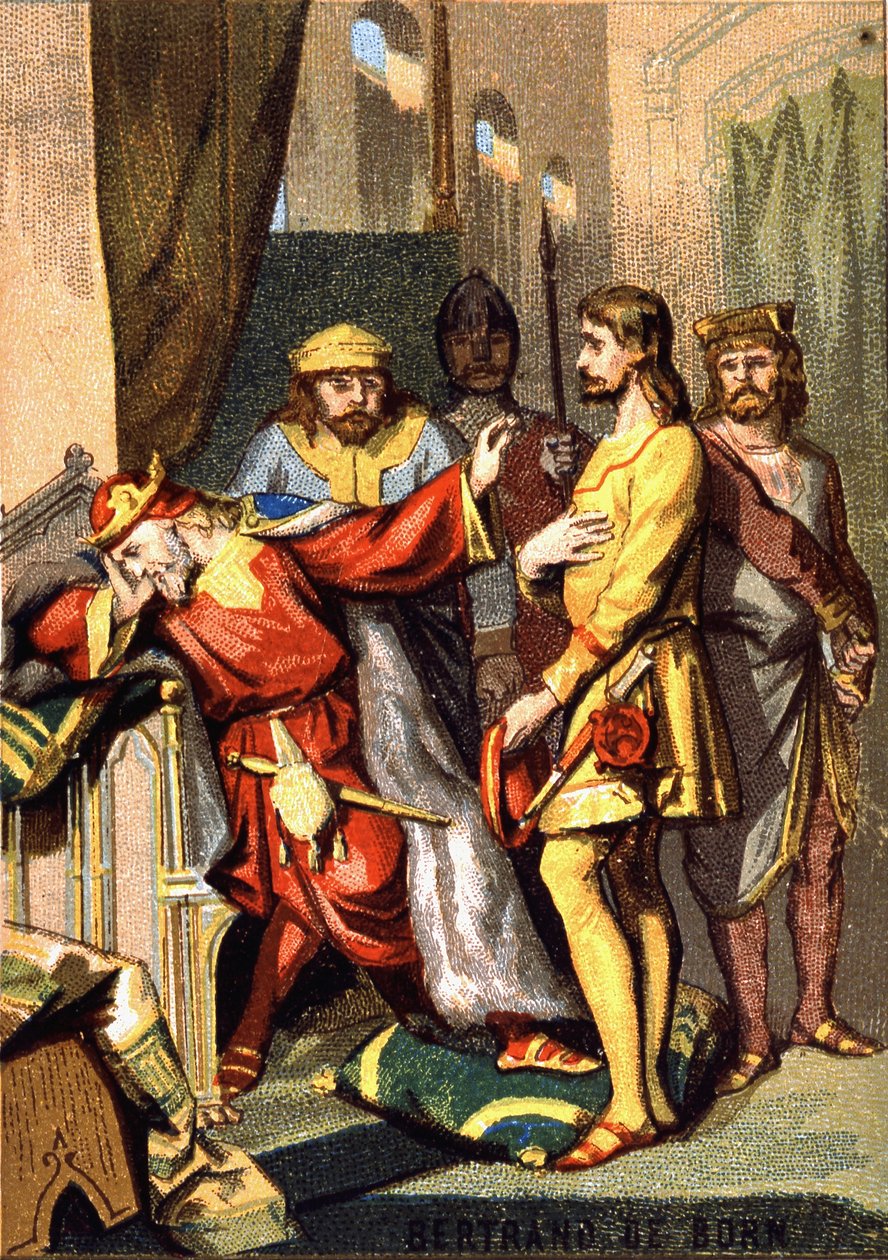 Bertran (Bertrand) de Born (1140 - 1215) trovatore perigordino, signore di Hautefort, davanti a Enrico II (1133 - 1189) d