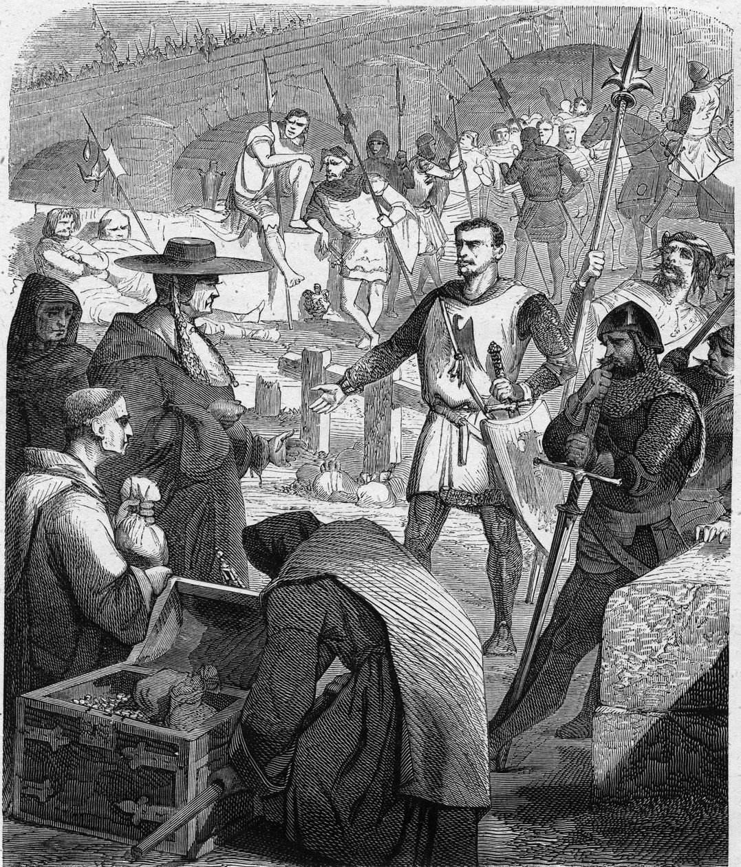 Bertrand du Guesclin, connestabile di Francia, rifiuta di ricevere denaro dagli abitanti di Avignone. Incisione in 
