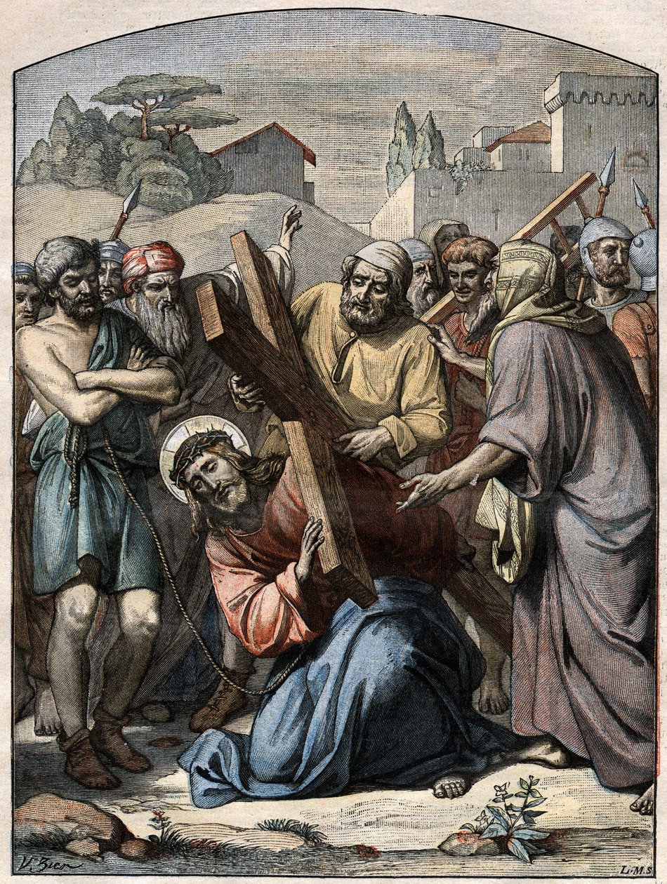 Scena biblica - Via Crucis: Gesù aiutato da Simone di Cirene. Incisione in 