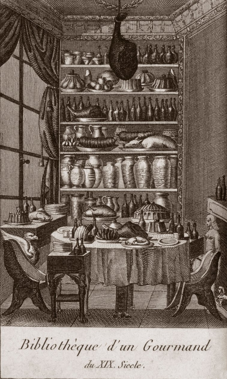 Biblioteca di un buongustaio del XIX secolo - incisione in "Almanach des gourmands, servendo come guida nei modi per fare eccellente caro. Di un vecchio amatore" di Alexandre Balthazar Laurent Grimod de la Reyniere - 1804-1812 da French School