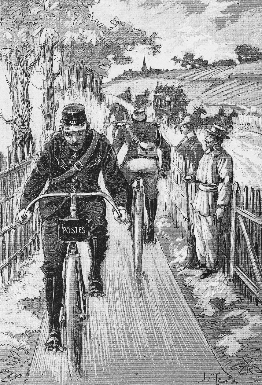Pista ciclabile per fattori: progetto di pista Swift di M. Berruyer - in "Ciclismo teorico e pratico" di L. Baudry de Saunier, incisione, Bibl. della città di Parigi da French School