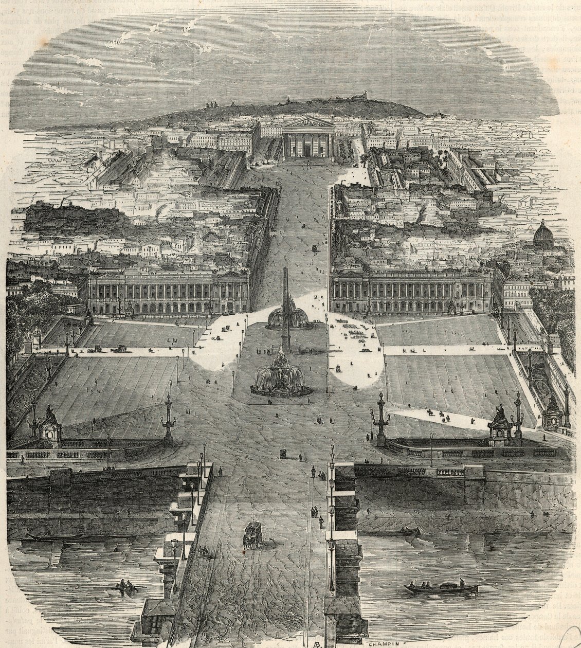 Veduta aerea di Place de la Concorde, rue Royale con la chiesa della Madeleine - Incisione in 