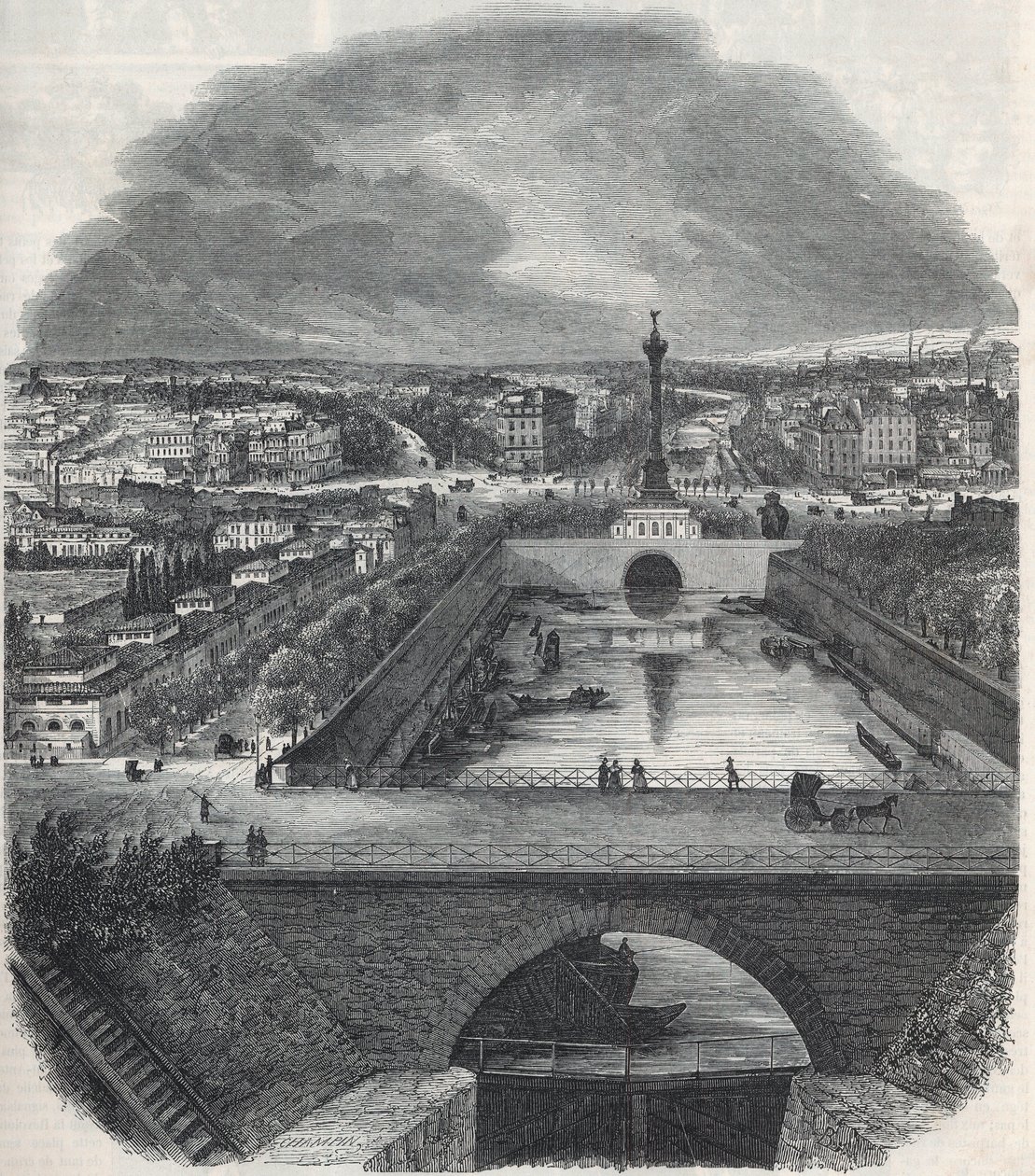 Veduta aerea del Canal Saint-Martin, la Piazza e il quartiere della Bastiglia, presa dalla riva destra della Senna - Incisione in "Tableau-de-Paris" di Edmond Texier 1852 da French School
