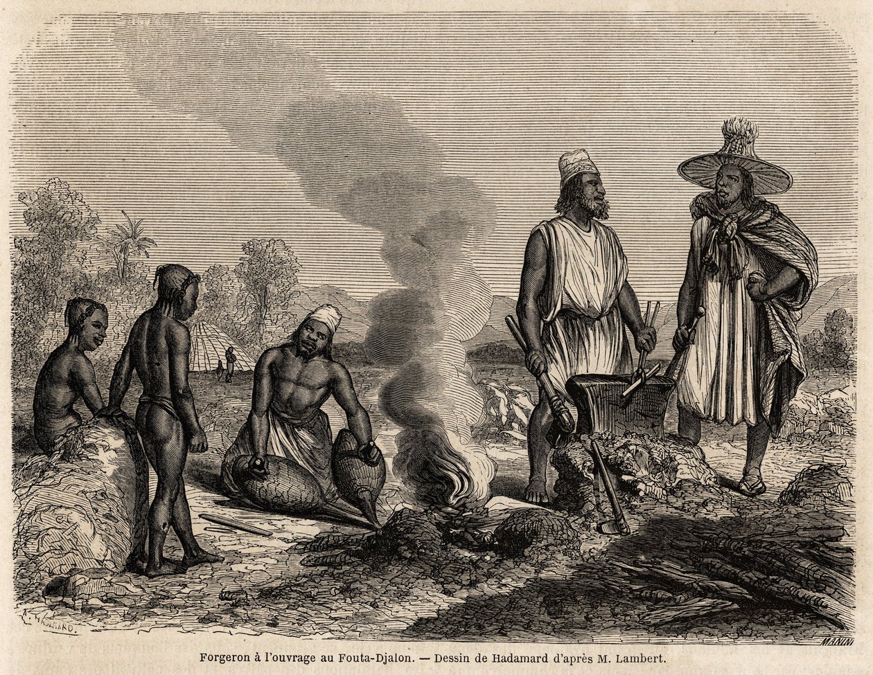 Fabbro al lavoro a Fouta Djalon (Senegal), disegno di Hadamard, per illustrare il viaggio del tenente Lambert a Fouta Djalon nel 1860. Incisione in "Le tour du monde" 1861. Collezione Selva. da French School