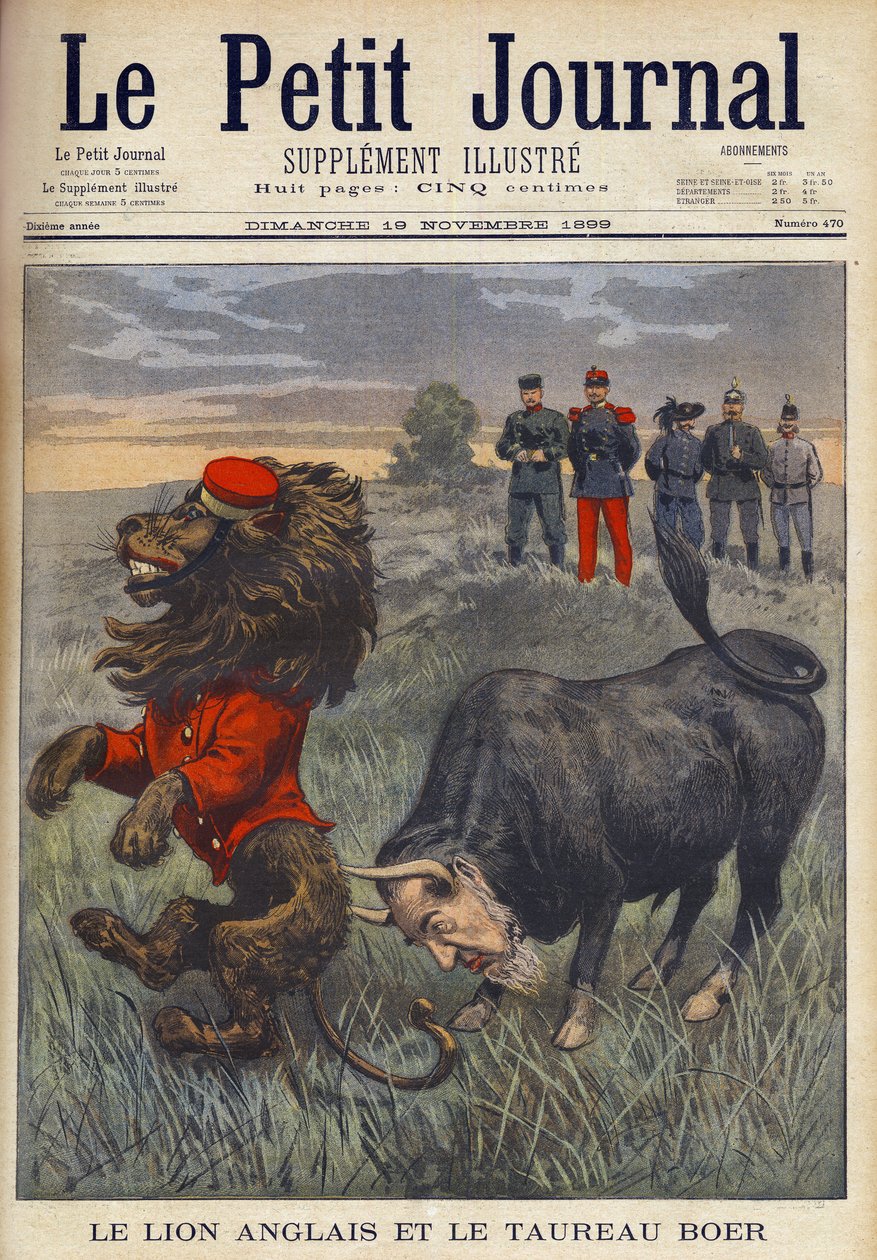 Guerra Boera - Il Leone Inglese e il Toro Boero - Il toro afrikaner, con la testa di Paul Kruger, attacca il leone britannico. Cartone inglese da un numero di novembre 1899 di 