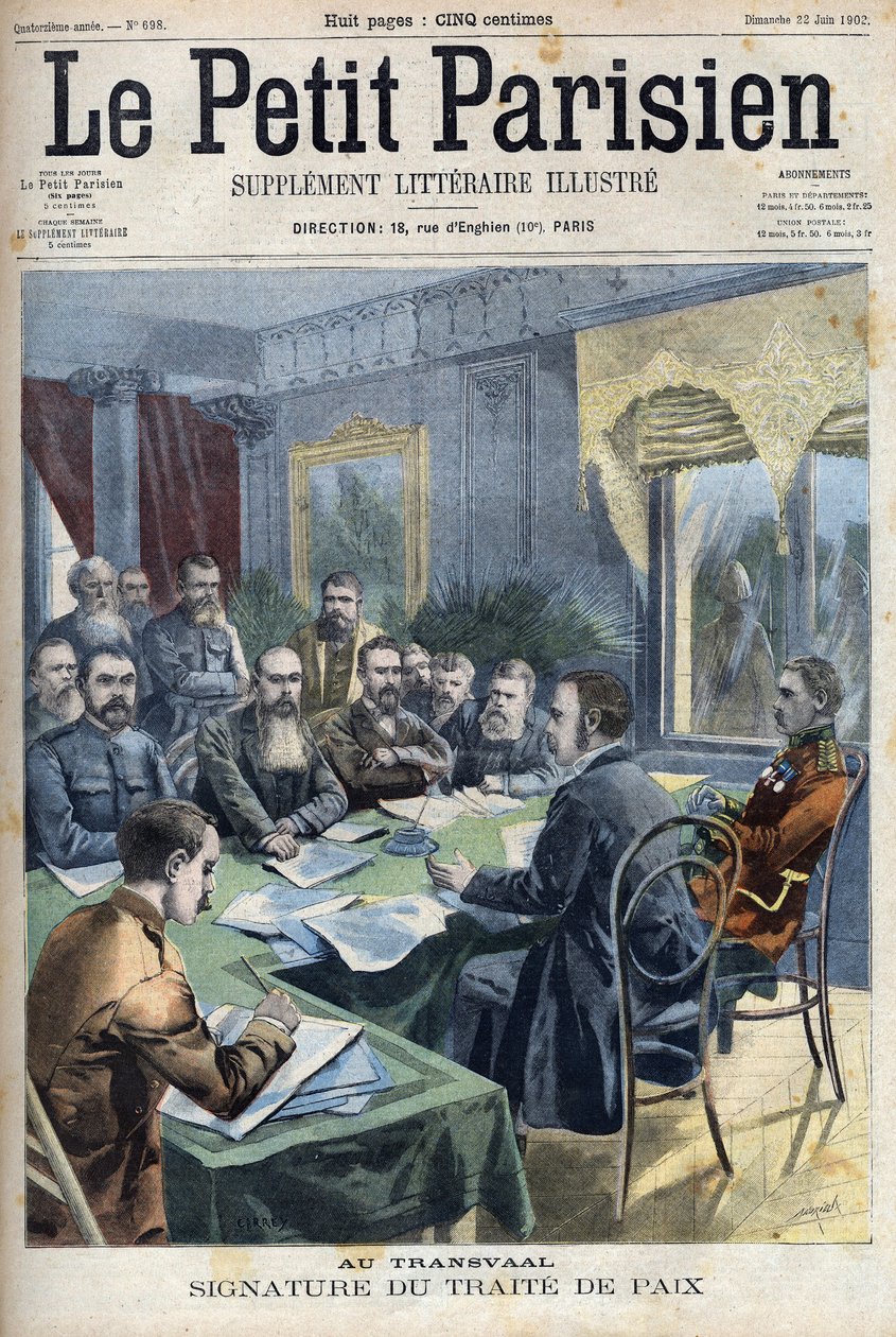 Guerra boera. La firma del trattato di pace del Transvaal tra i capi boeri e il generale britannico Horatio Herbert Kitchener (1850-1916) a Pretoria, Sudafrica. Incisione in "Le Petit Parisien" da French School