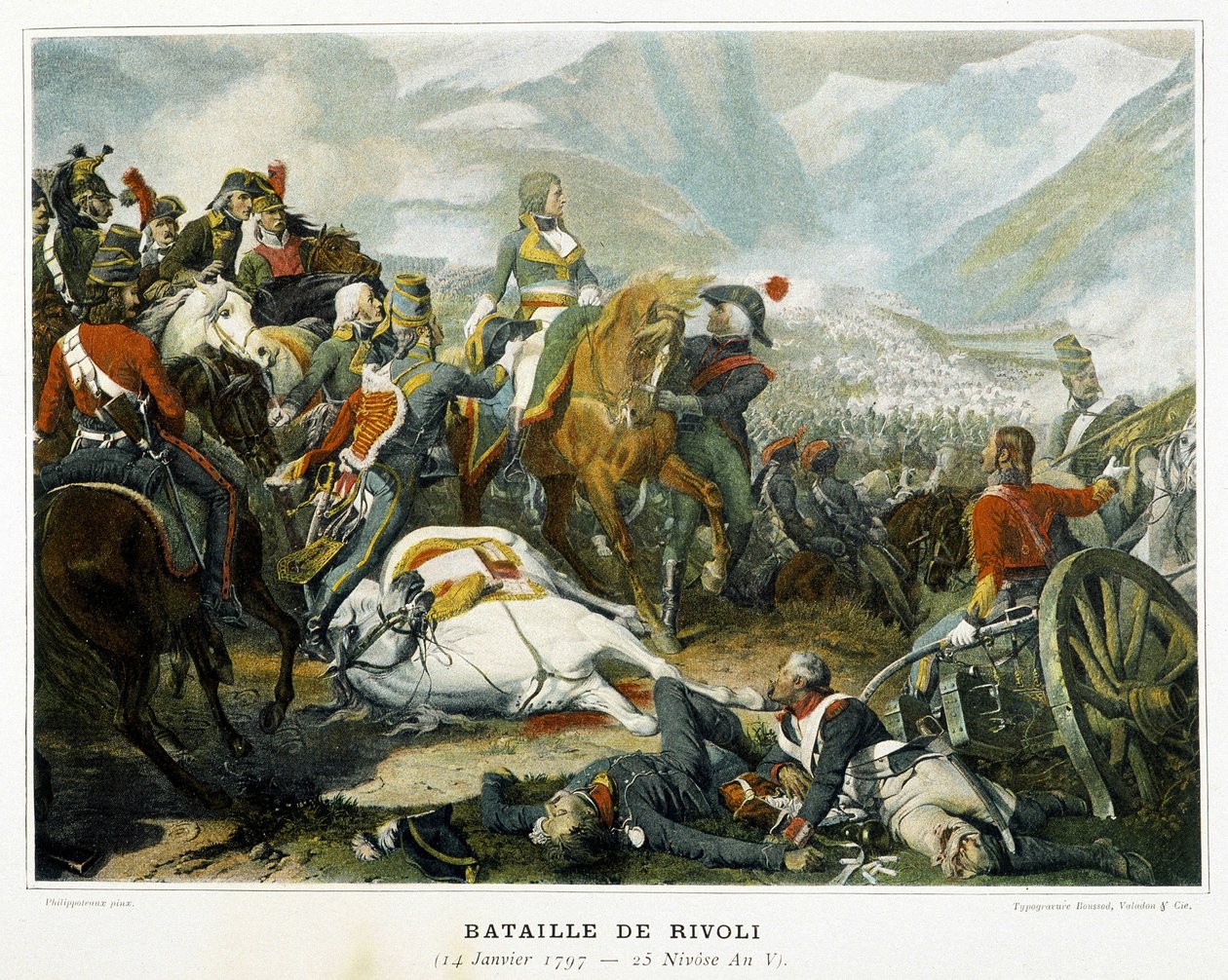 Bonaparte (al centro), dopo la sua vittoria sugli austriaci alla Battaglia di Rivoli (Italia) il 14 gennaio da French School