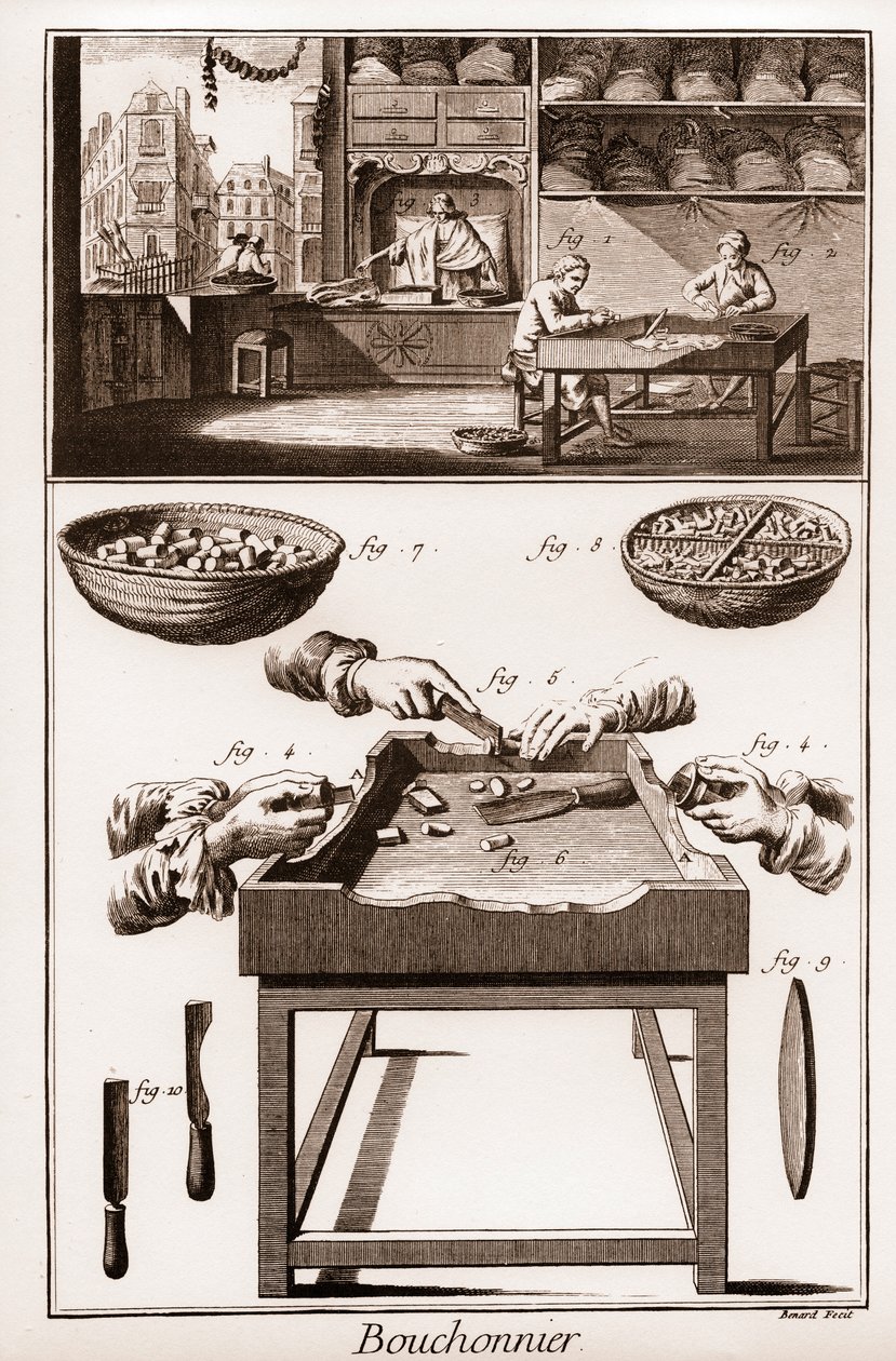 Bouchonnier, fabbricazione di tappi di sughero - "La Grande Encyclopedie, ou Dictionnaire Raisonne des Sciences, des Arts et des Metiers" (Enciclopedia o Dizionario delle Scienze, Arti e Professioni) di Denis Diderot (1713-1784) e Jean d