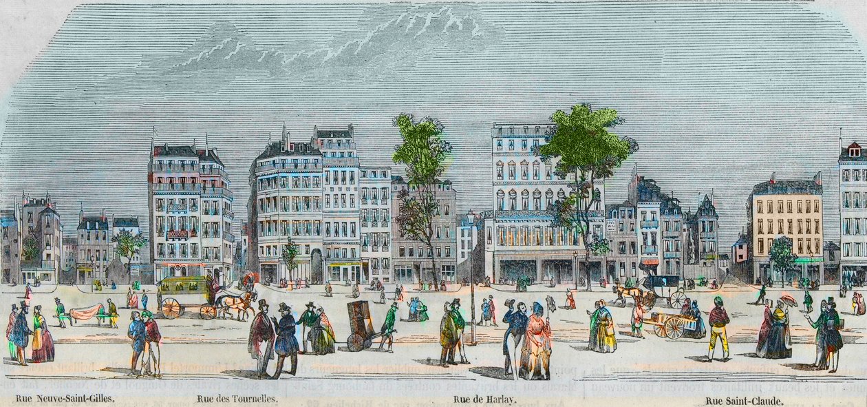 Boulevard Beaumarchais lato sud - rue Neuve-Saint-Gilles - Rue des Tournelles - Rue de Harlay - Rue Saint-Claude - Incisione in 