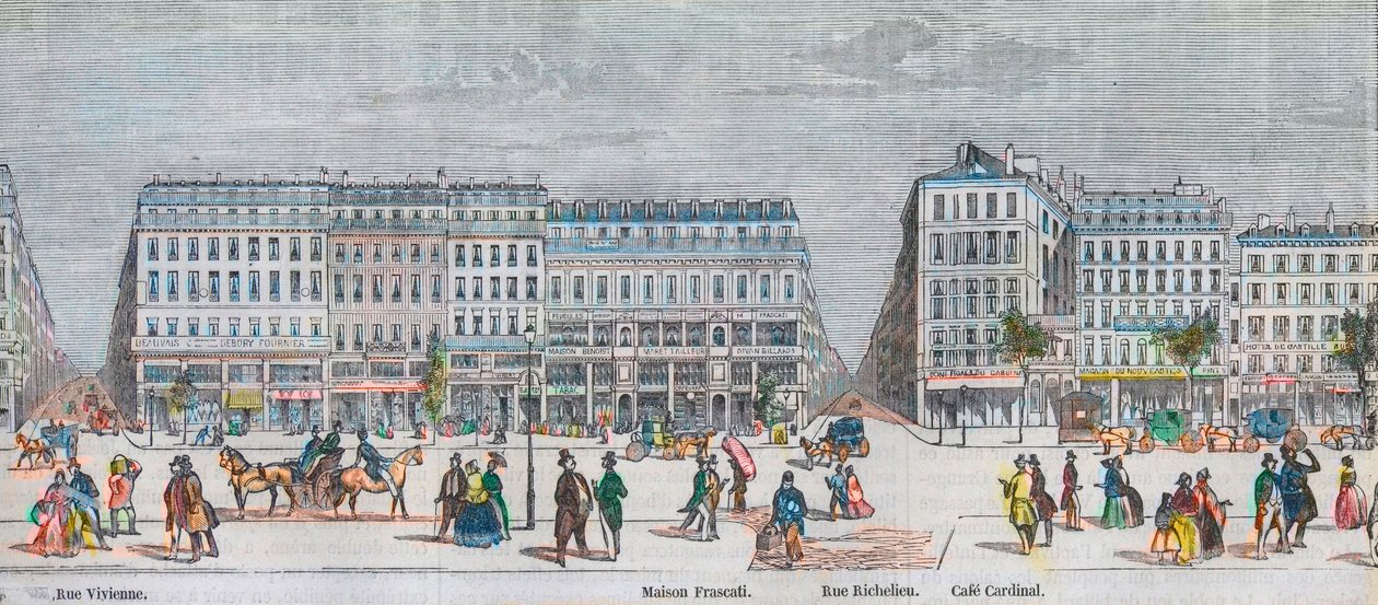 Boulevard Montmartre lato sud e boulevard des Italiens lato sud - Rue Vivienne - Maison Frascati - Rue Richelieu - Café Cardinal - incisione in 