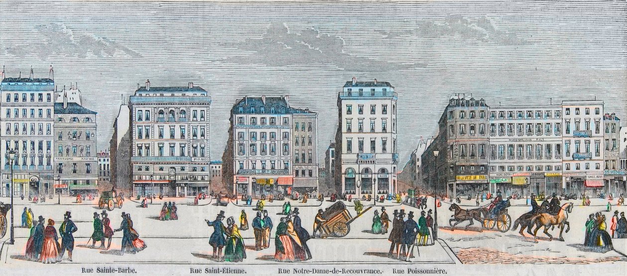 Boulevard Poissonnière - Rue Saint-Barbe - Rue Saint-Étienne - Rue Notre-Dame de Reouvrance - Rue Poissonnière - incisione in 