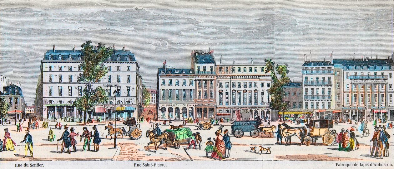 Boulevard Poissonnière lato sud - Rue du Sentier - Rue Saint Fiacre - Incisione in "Tableau-de-Paris" di Edmond Texier 1852 da French School