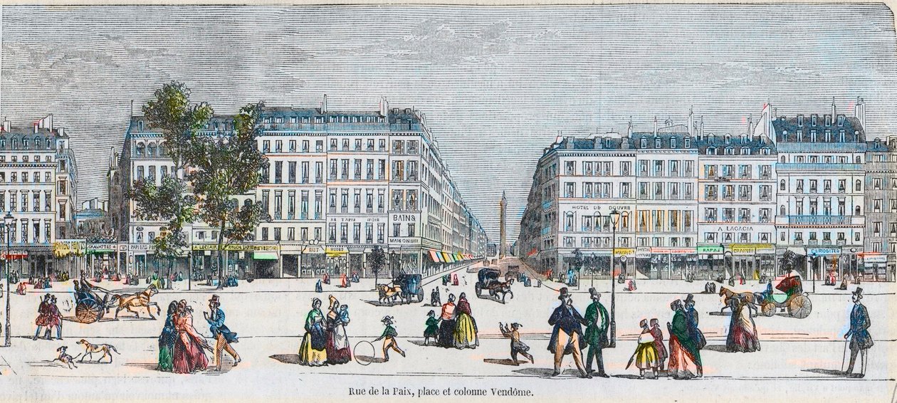 Boulevard des Capucines (Costa Sud) - Rue de la Paix, piazza e colonna Vendôme - incisione in 