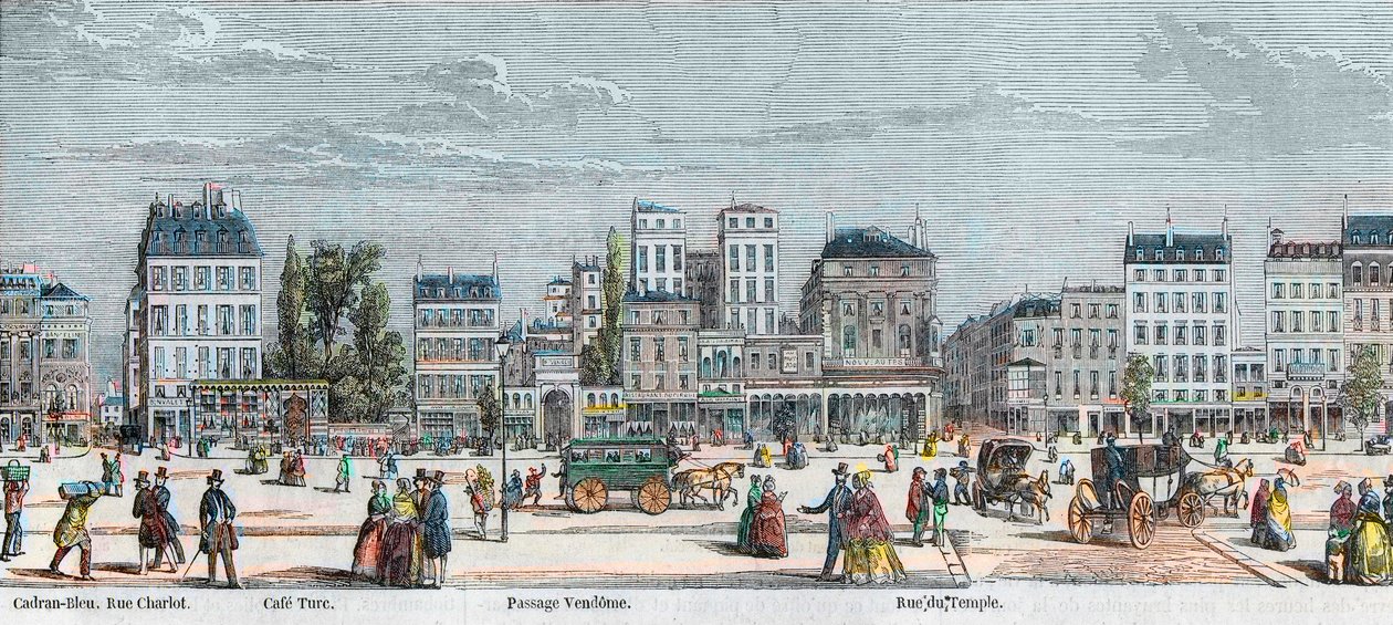 Boulevard du Temple lato sud - Rue Charlot - Café Turk - Passage Vendôme - Rue du Temple - Incisione in "Tableau-de-Paris" di Edmond Texier 1852 da French School