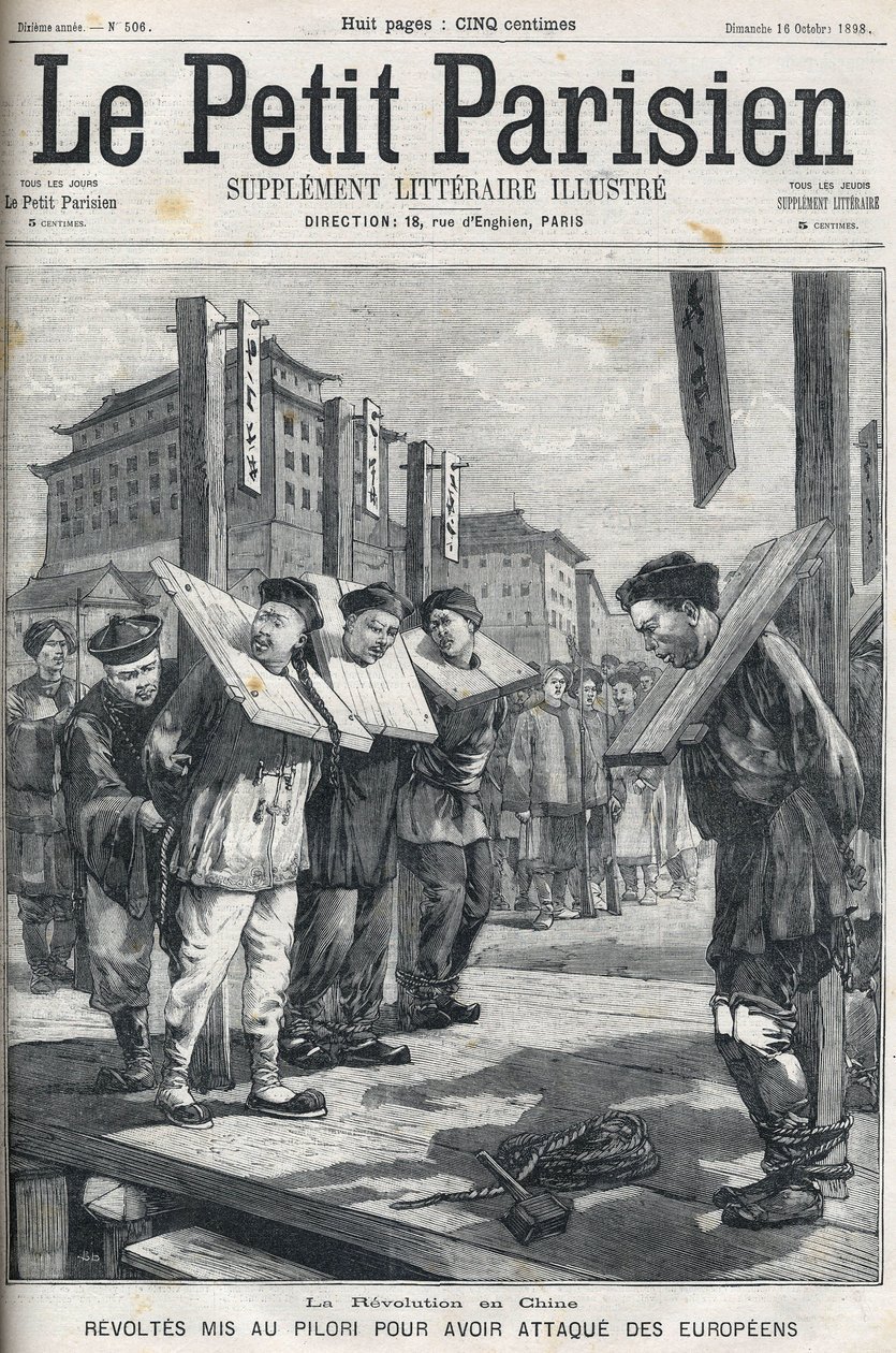 Rivolta dei Boxer in Cina nel 1898: Rivoltosi messi alla gogna per aver attaccato gli europei. Copertina di "Le petit parisien" del 1898 da French School